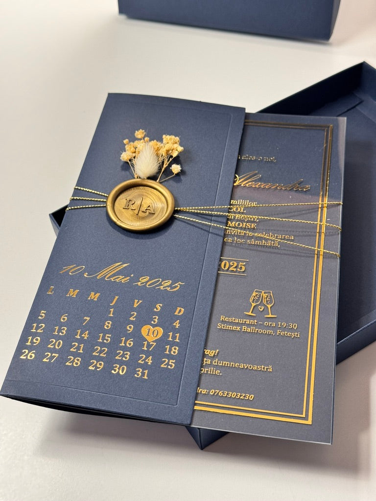 Floral Wedding Invitation with Date Details: Elegant Boxed Card