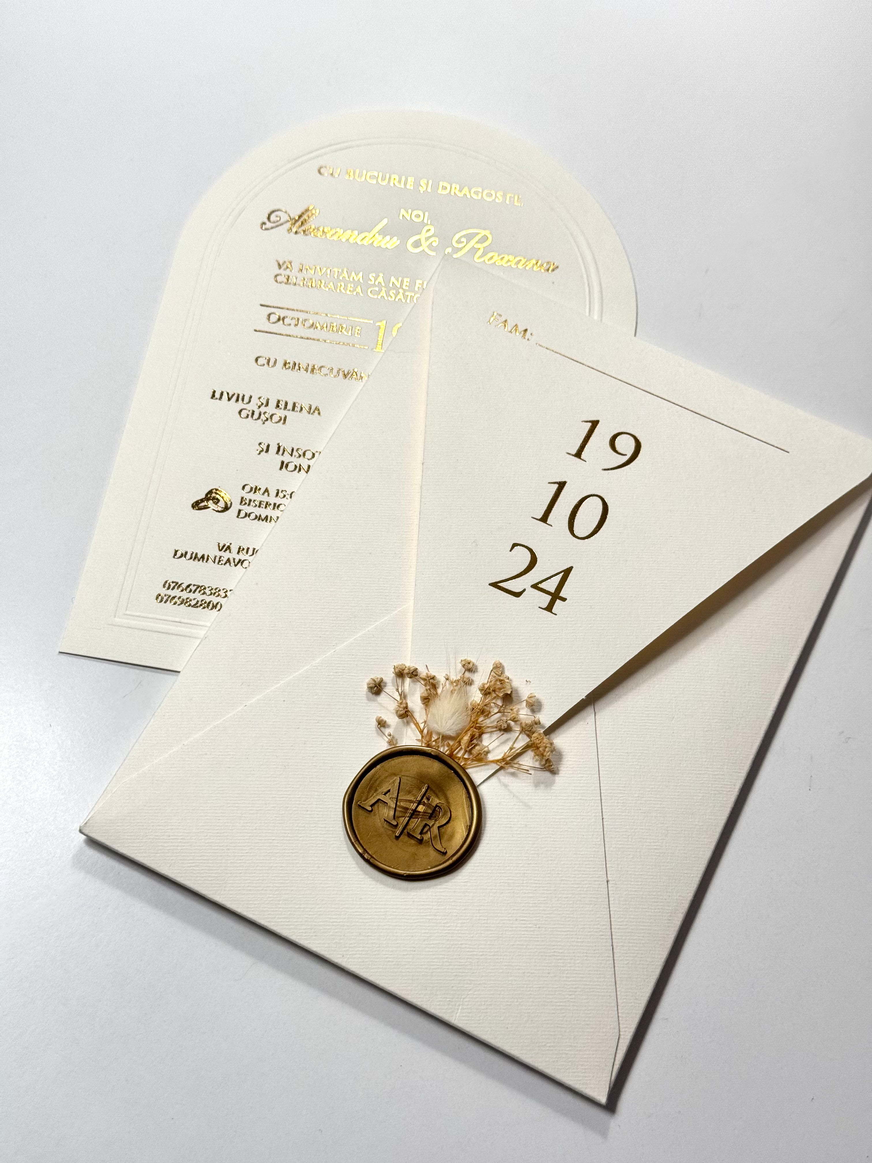 Sealed Floral Wedding Invitation: Elegant White & Gold Card