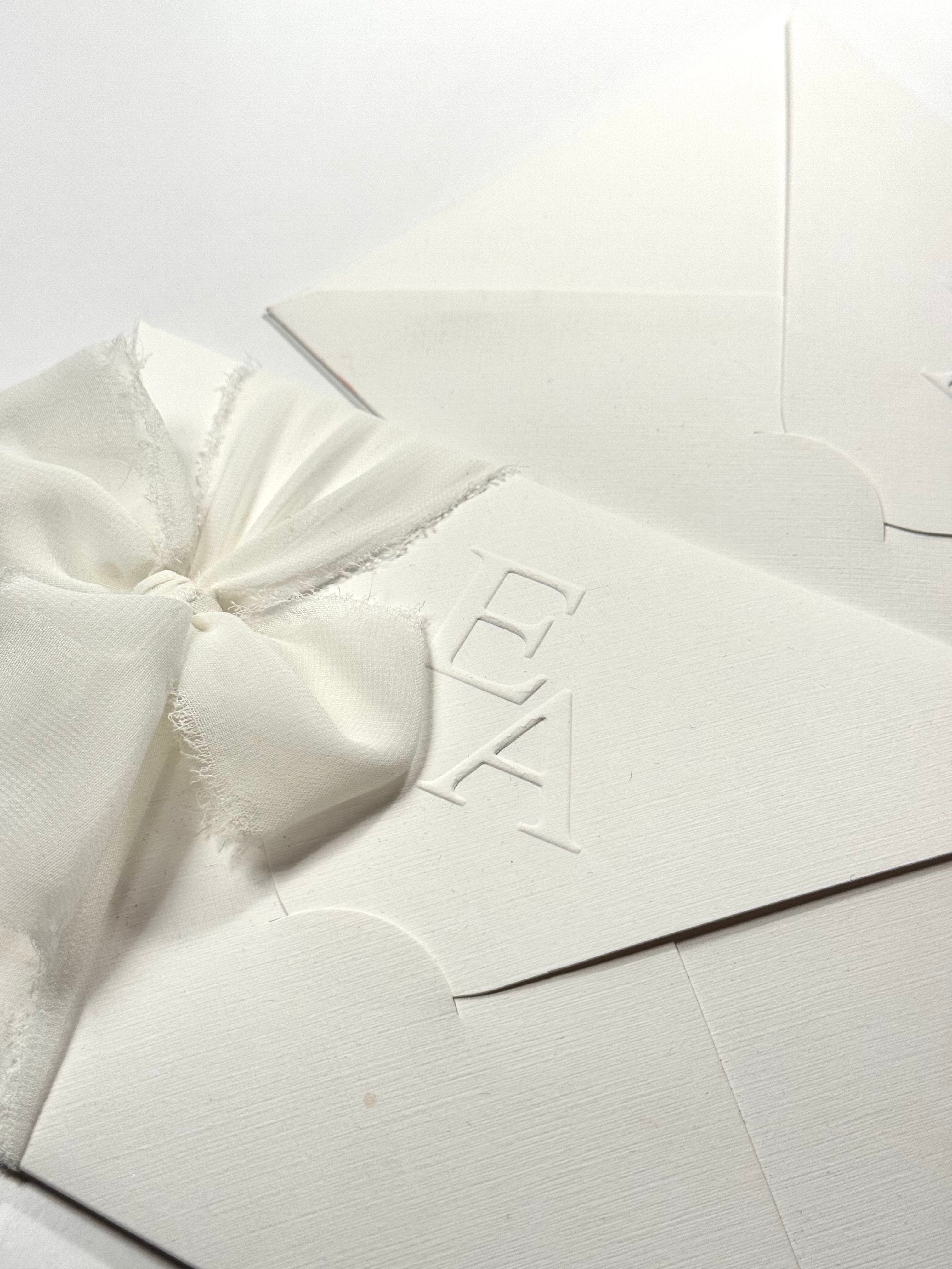 Satin Ribbon Elegant White Wedding Invitation Minimalist Design