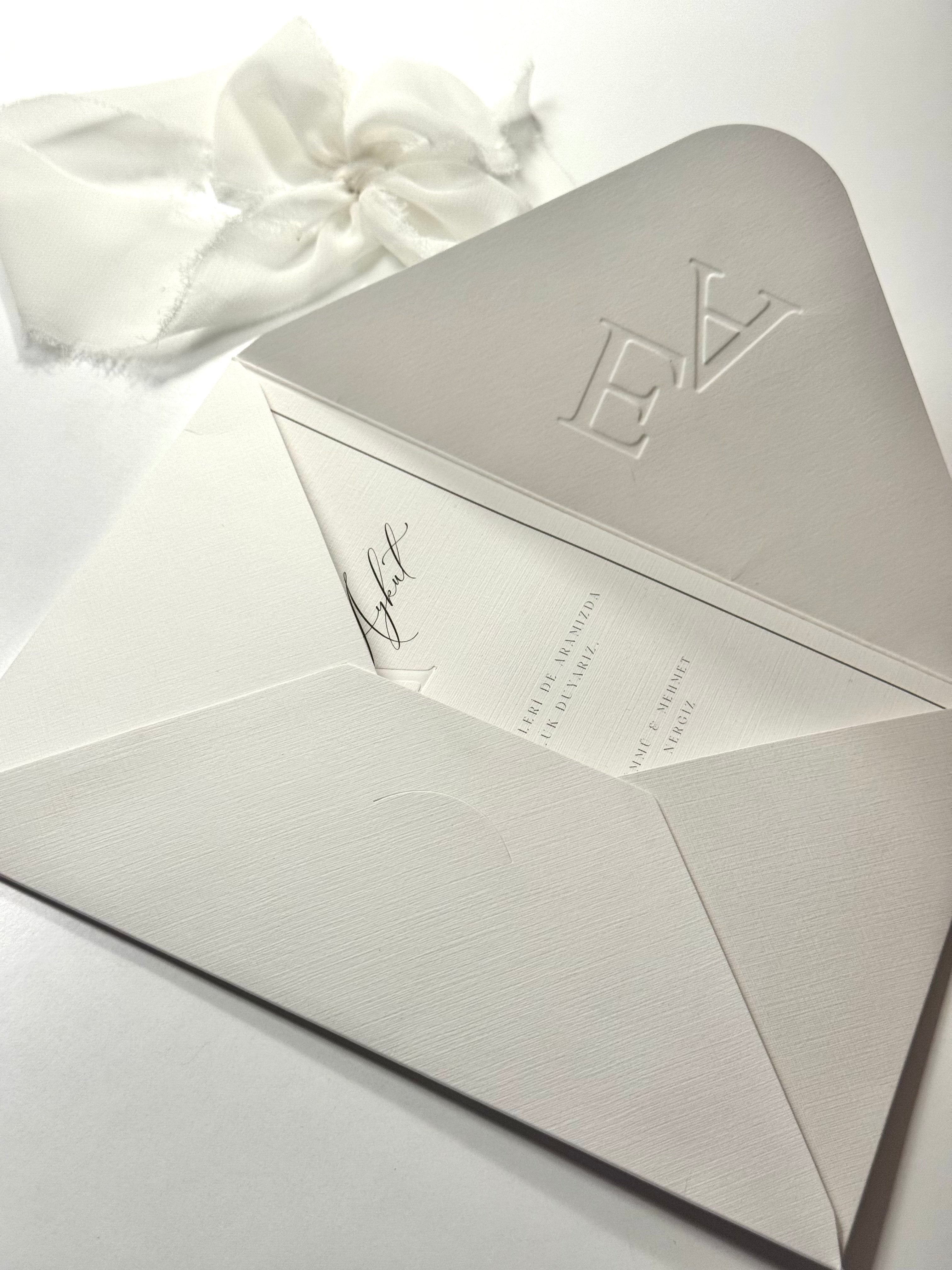 Satin Ribbon Elegant White Wedding Invitation Minimalist Design