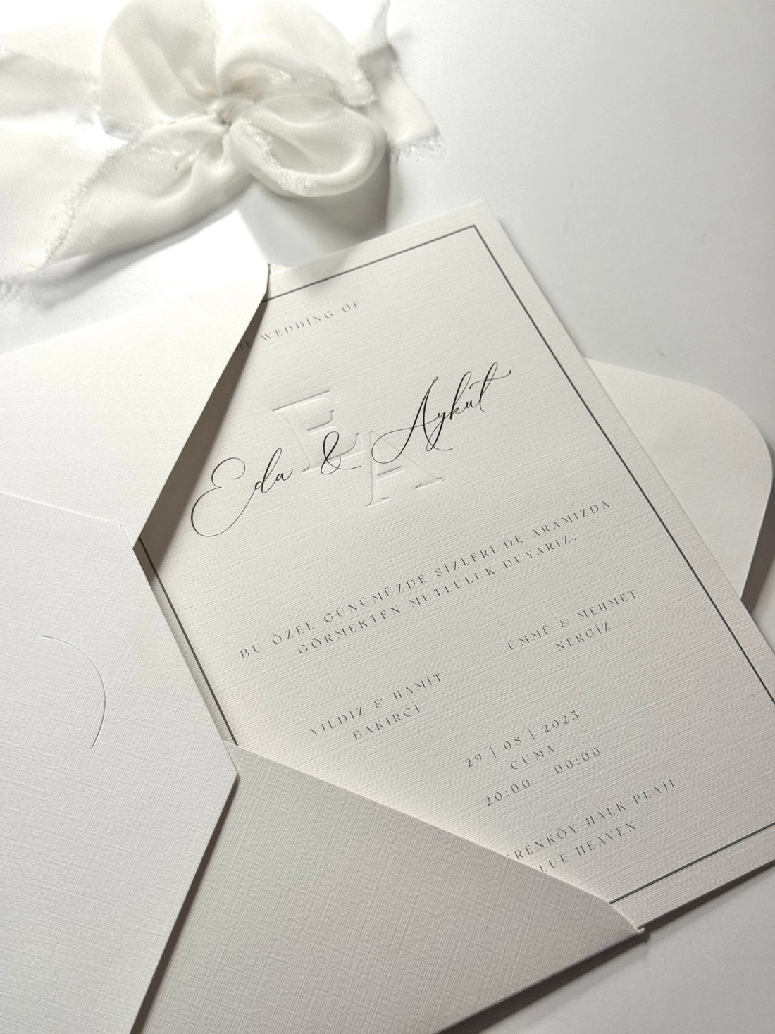 Satin Ribbon Elegant White Wedding Invitation Minimalist Design
