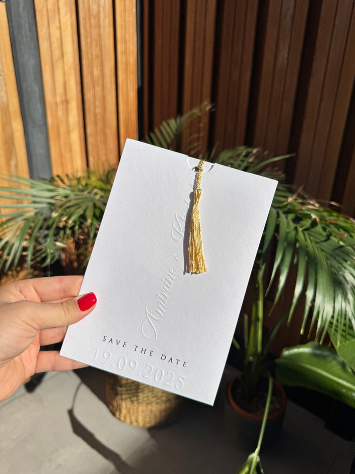 White Tassel Embossed Elegant Minimal Wedding Invitation