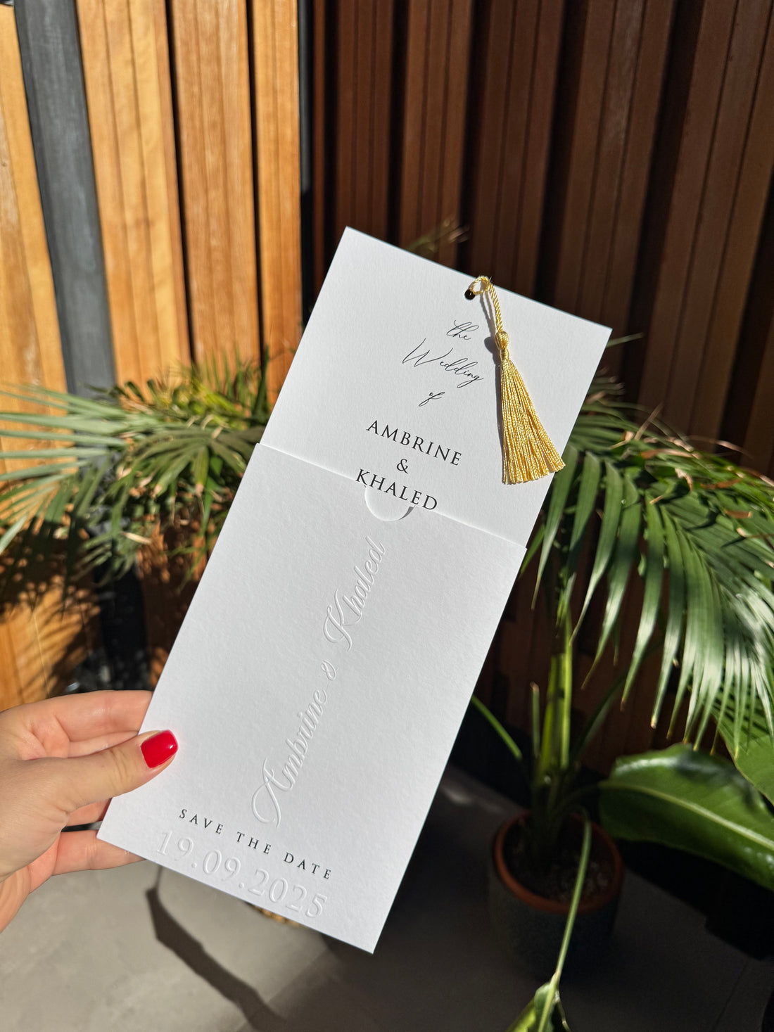 White Tassel Embossed Elegant Minimal Wedding Invitation