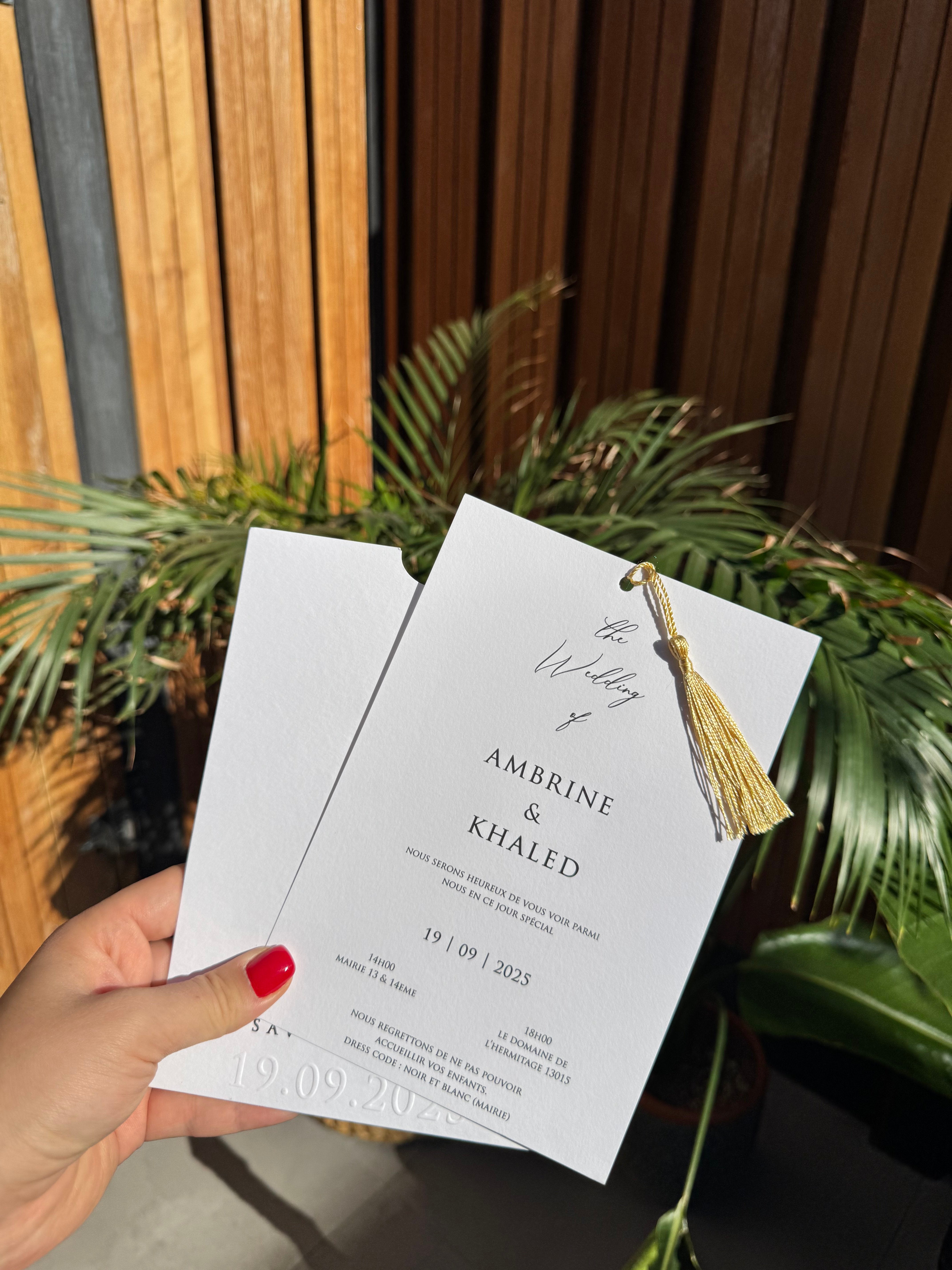 White Tassel Embossed Elegant Minimal Wedding Invitation