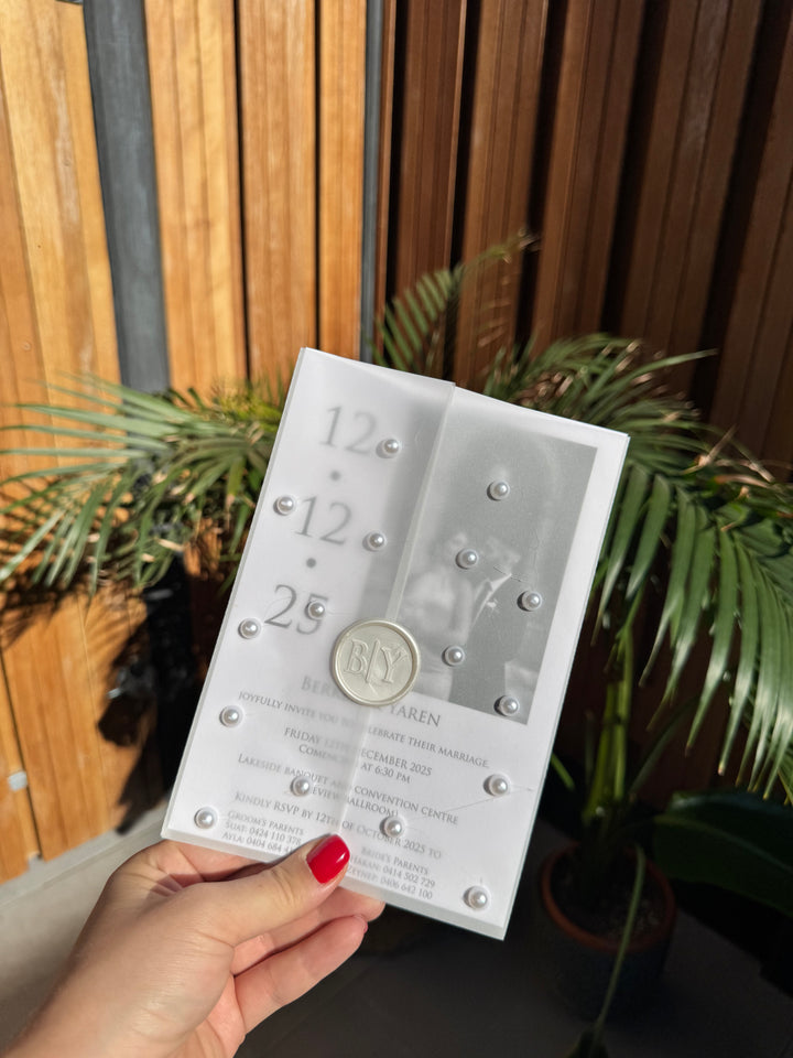 Pearl Detail Wax Seal Photo White Wedding Invitation