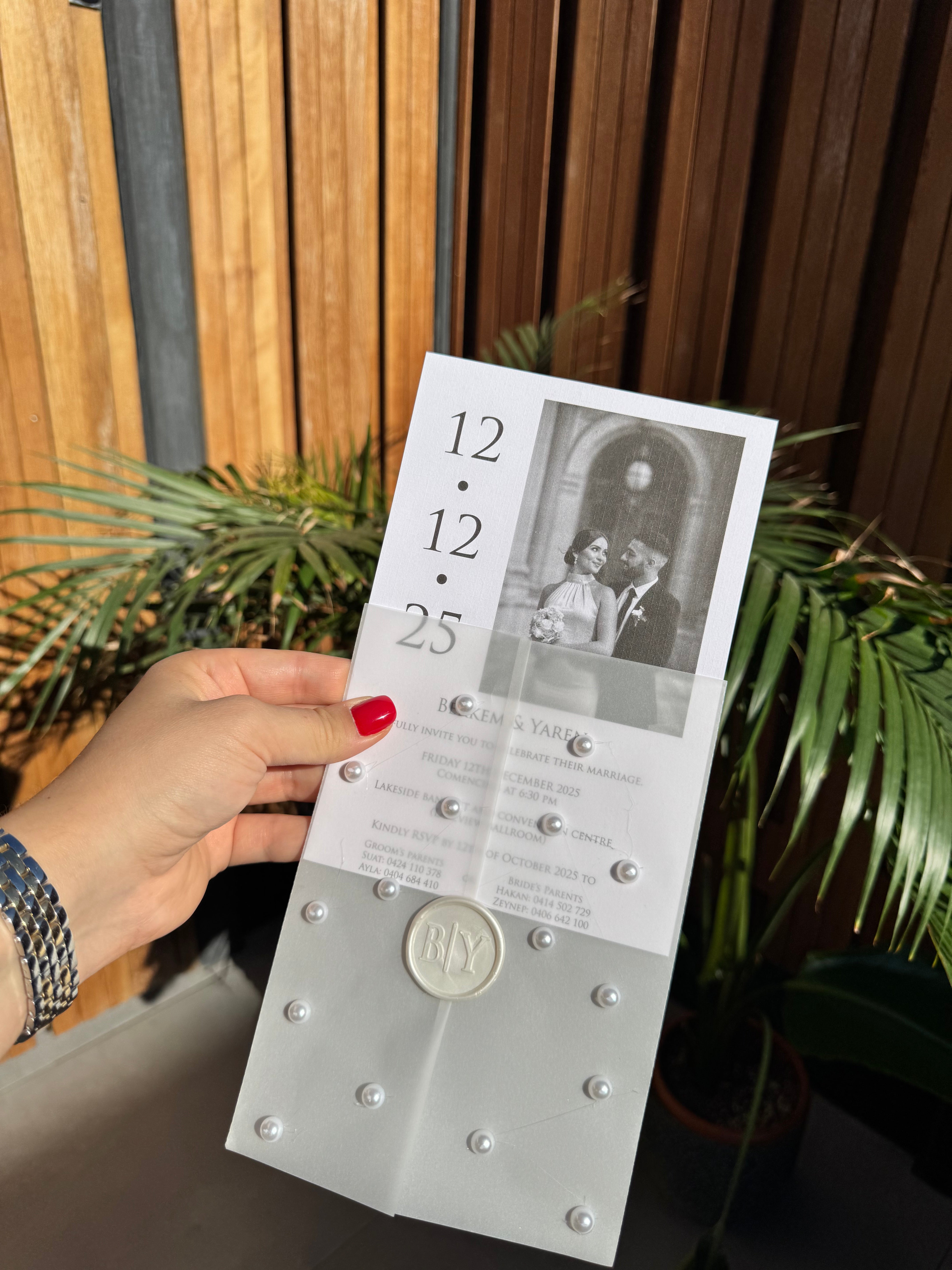 Pearl Detail Wax Seal Photo White Wedding Invitation