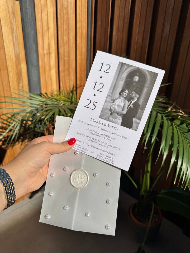 Pearl Detail Wax Seal Photo White Wedding Invitation