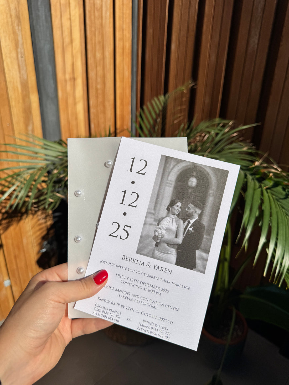 Pearl Detail Wax Seal Photo White Wedding Invitation