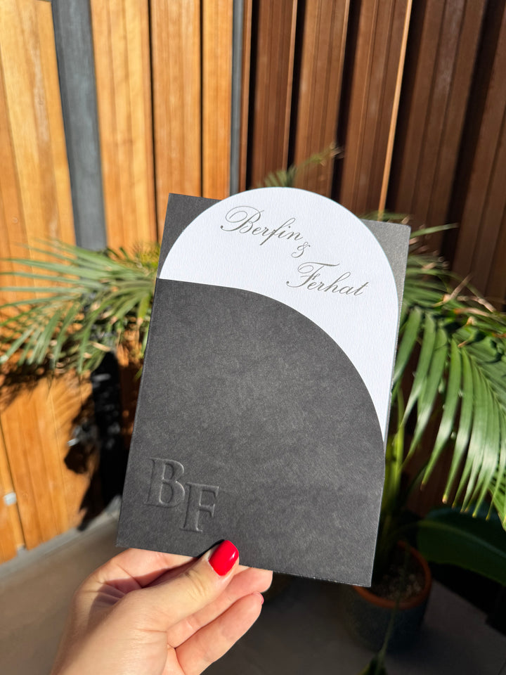 Black Embossed Envelope and White Classic Wedding Invitation