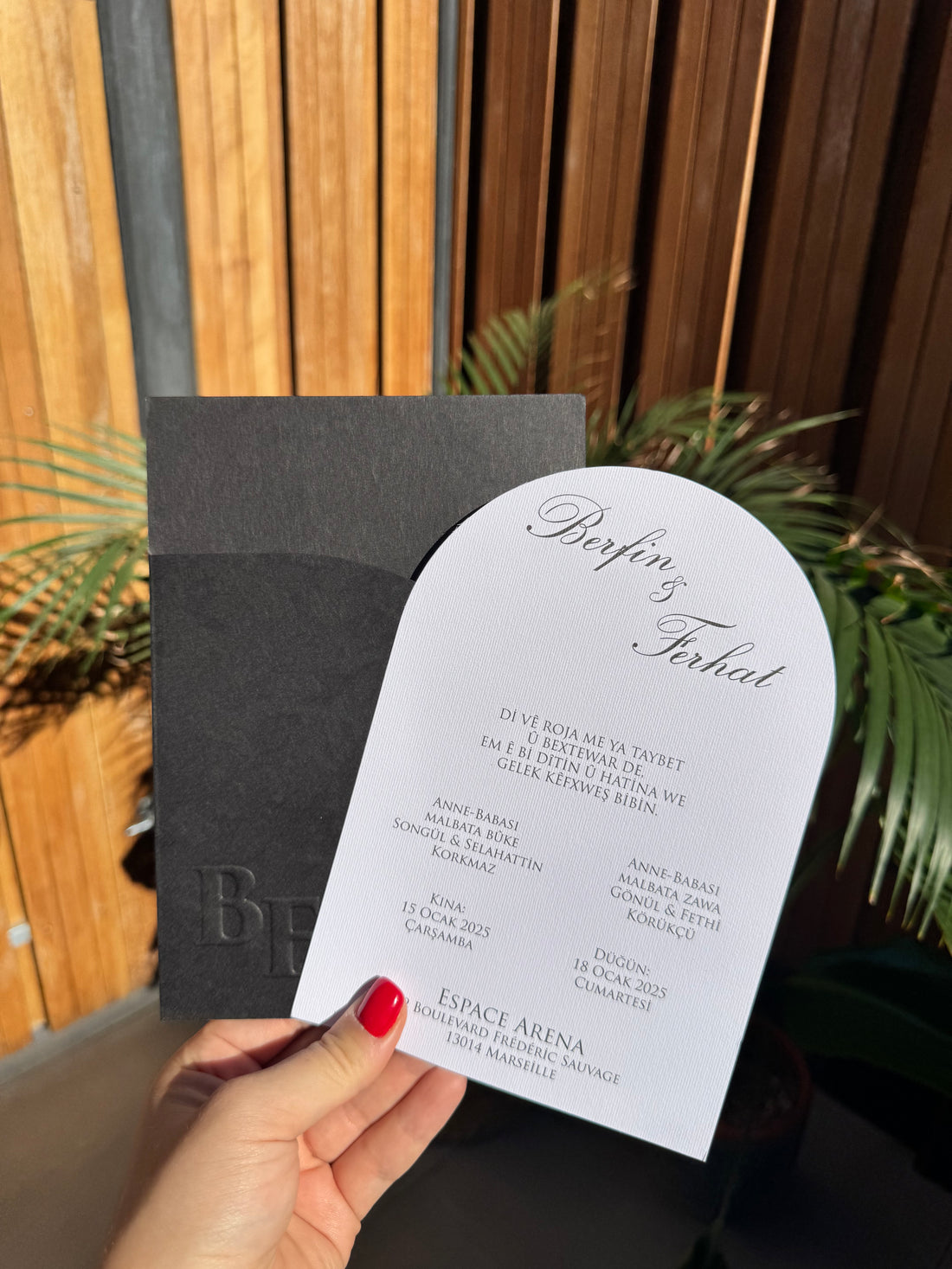 Black Embossed Envelope and White Classic Wedding Invitation