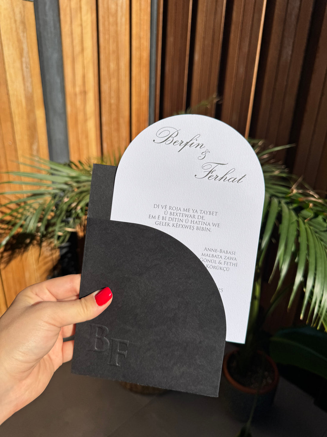Black Embossed Envelope and White Classic Wedding Invitation