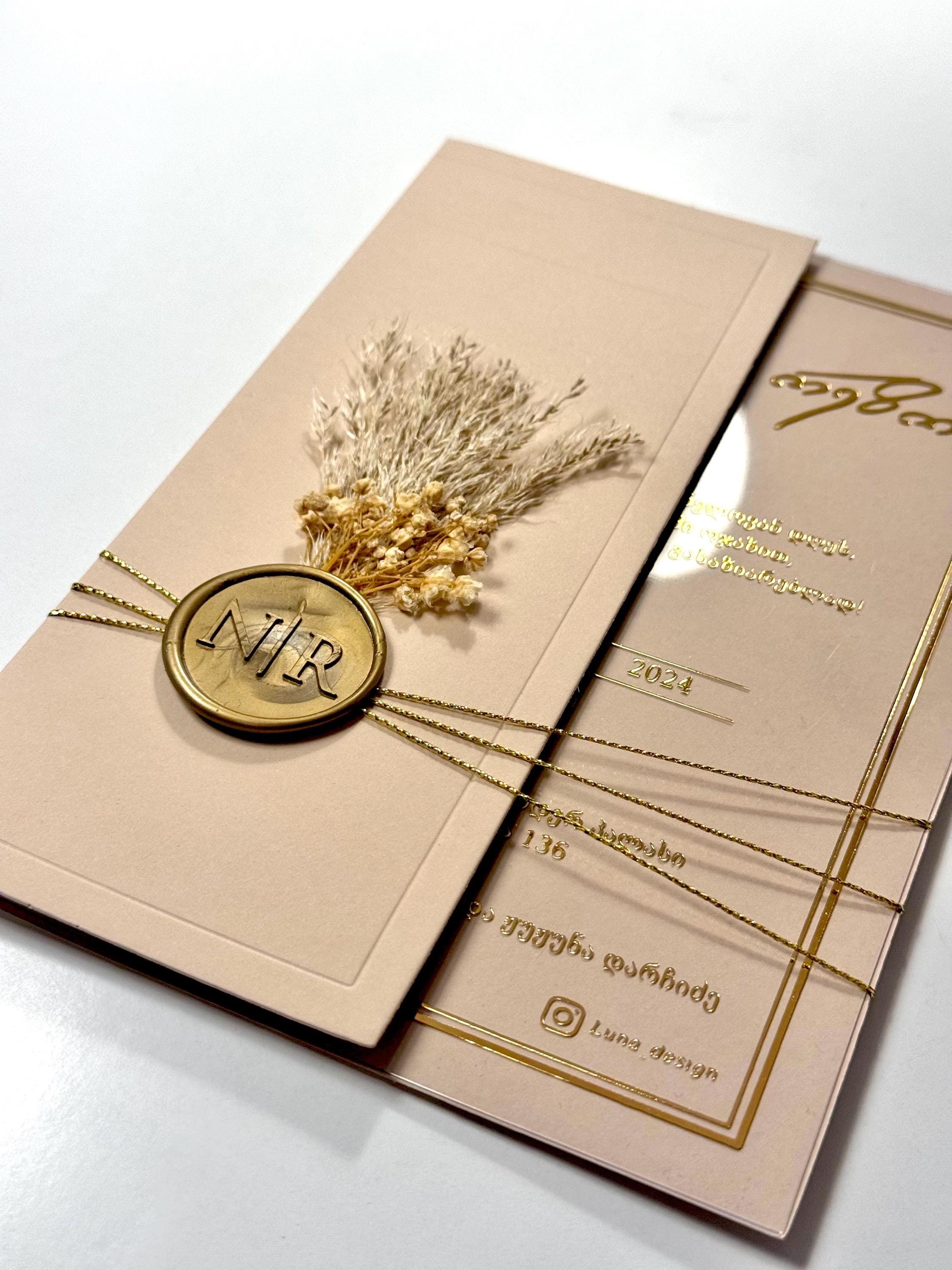Gold Floral Transparent Wedding Invitation | Wax Seal Wedding Invitation | Elegant Clear Card | Custom Wedding Invitation
