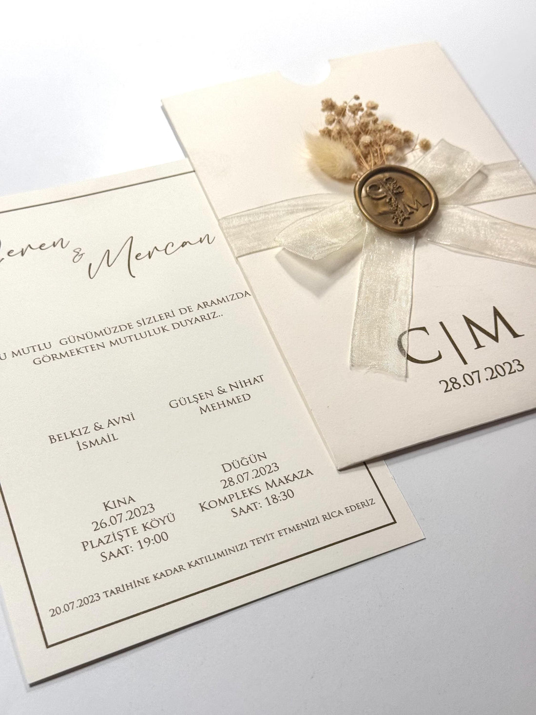 Floral Wedding Invitation with White Ribbon | Sealed Floral İnvitation | Elegant Wedding Invitation | Custom Wedding Card