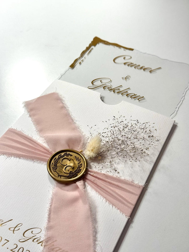 Floral Wedding Invitation with Pink Ribbon | Elegant Wedding İnvitation | Custom Romantic Invitation | Sealed Floral İnvitation
