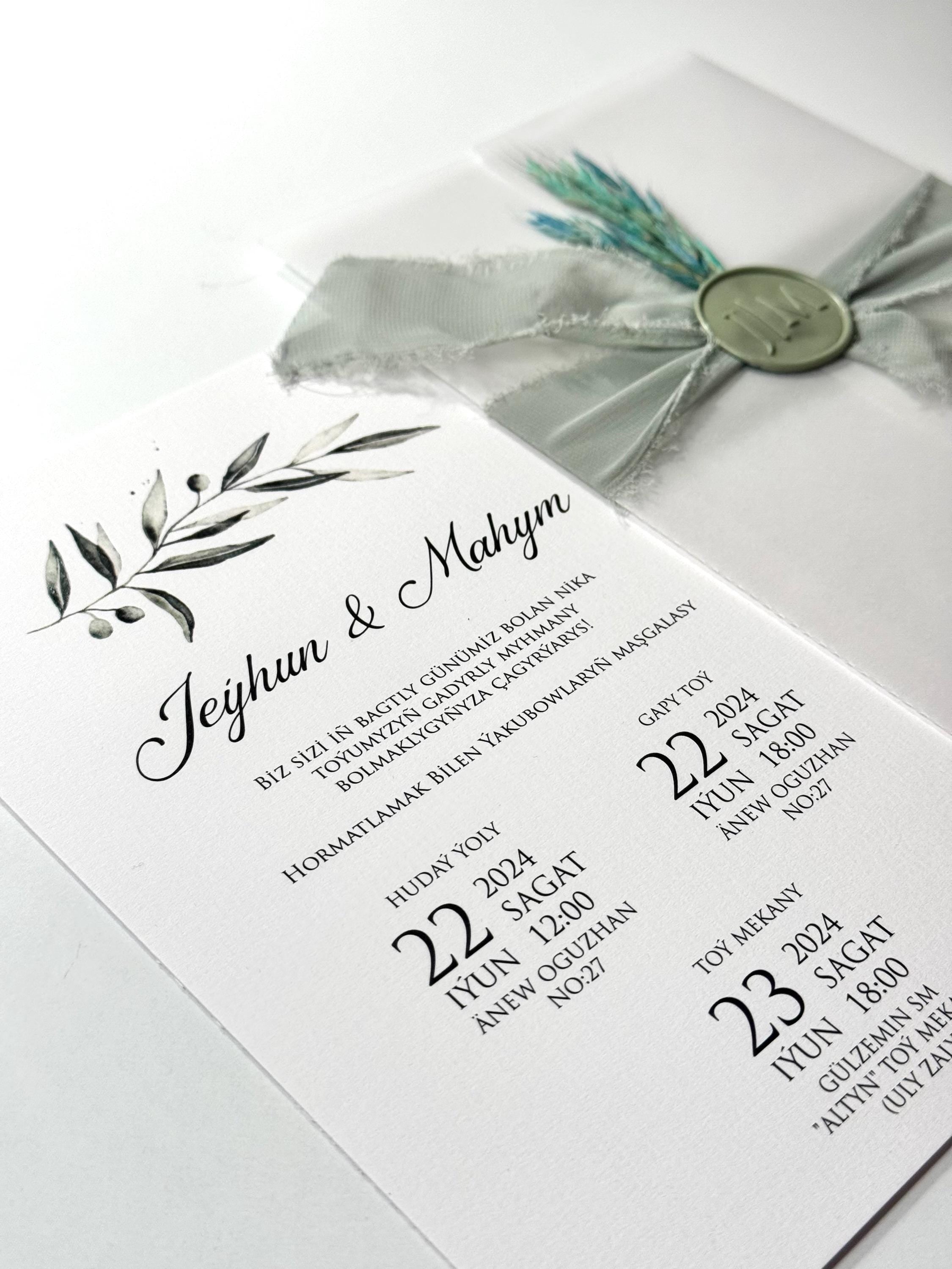 Floral Wedding Invitation with Ribbon | Kraft Card Wedding İnvitation | Rustic Elegant Invitation | Custom Wedding Card  | Sealed İnvitation