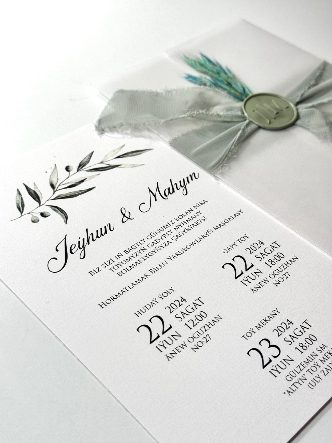 Floral Wedding Invitation with Ribbon | Kraft Card Wedding İnvitation | Rustic Elegant Invitation | Custom Wedding Card  | Sealed İnvitation