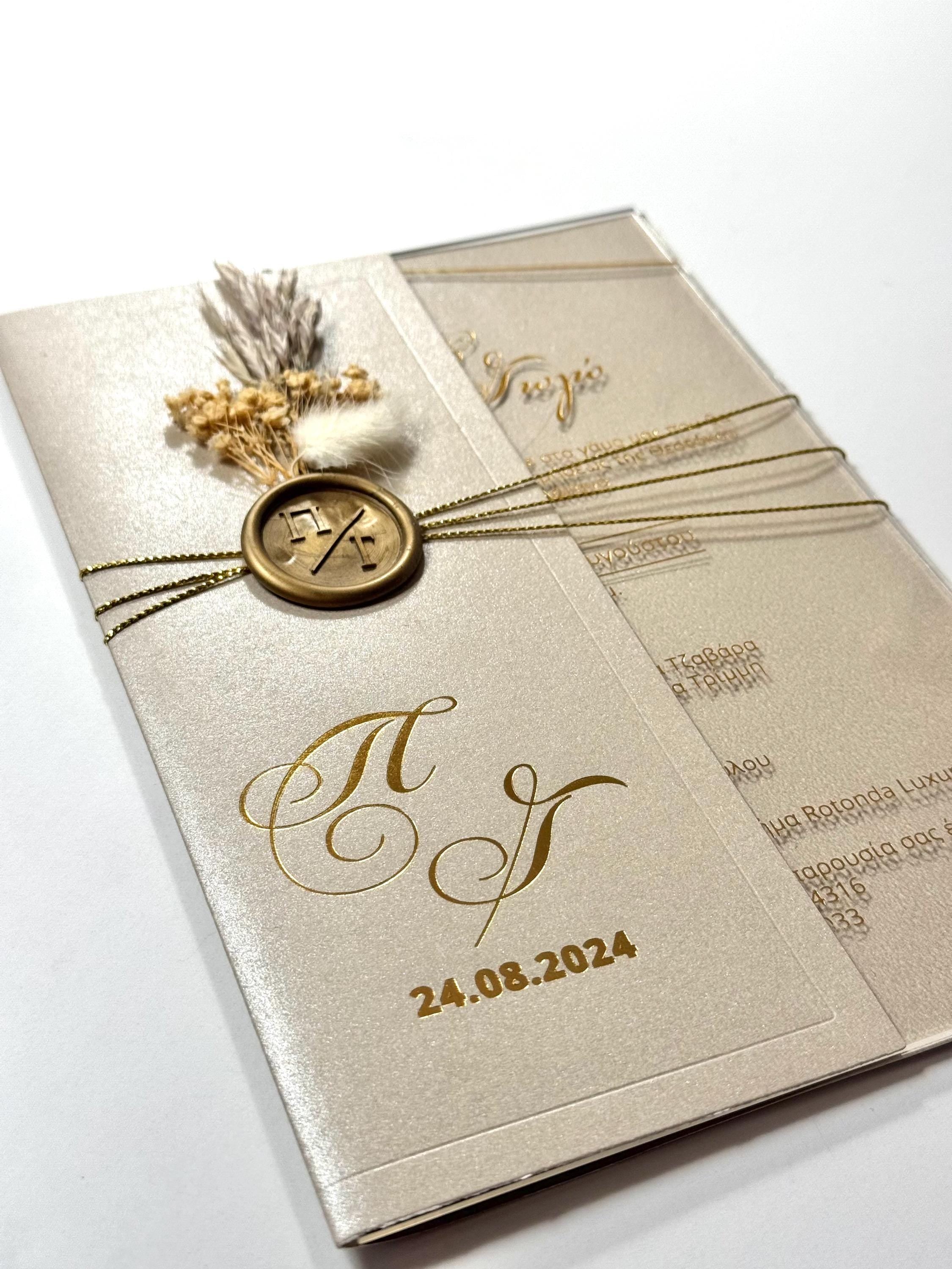 Gold Transparent Wedding Invitation with Chain | Floral Clear Invite with Stamp | Luxury Wedding Invitation | Custom Invitation