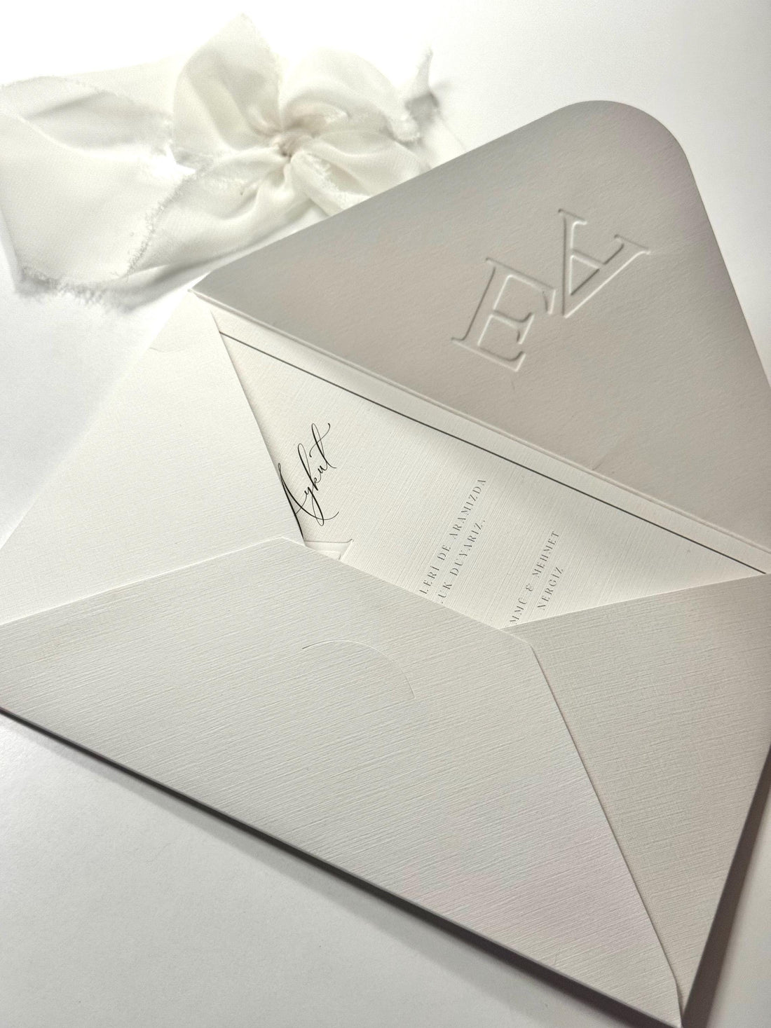 All White Wedding Invitation with Ribbon | Elegant White Wedding Card | Minimal Custom Invitation Set