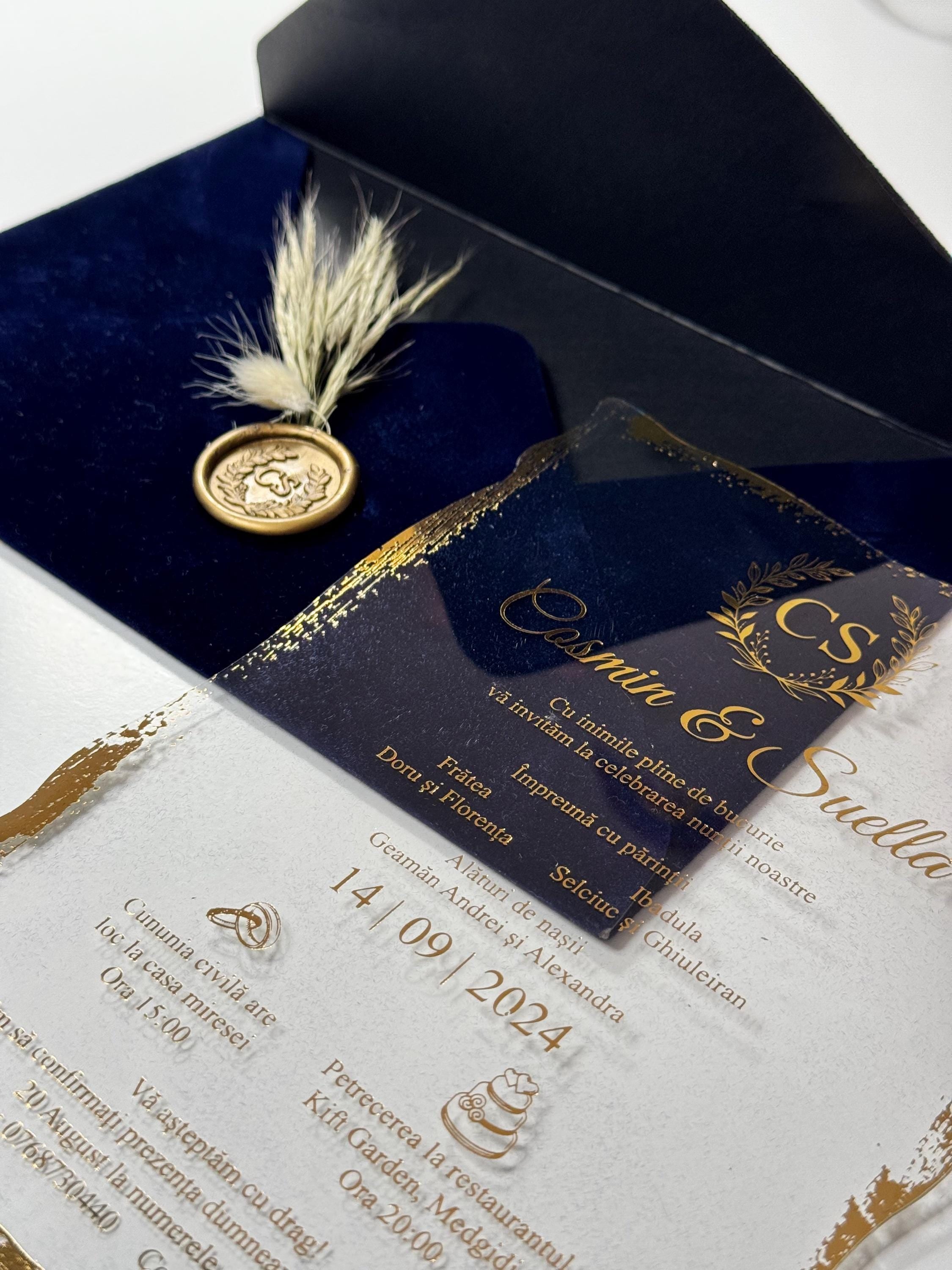 Floral Leather Wedding Invitation with Stamp | Elegant Faux Leather Invitation | Unique Custom Wedding Invitation