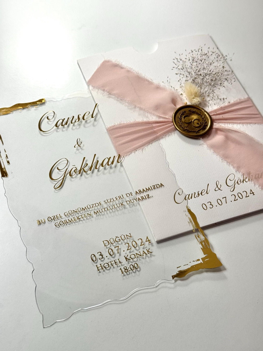 Floral Wedding Invitation with Pink Ribbon | Elegant Wedding İnvitation | Custom Romantic Invitation | Sealed Floral İnvitation