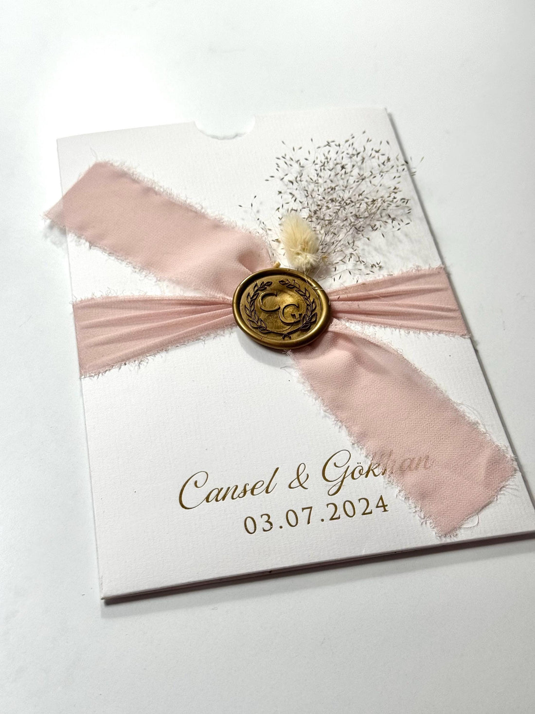 Floral Wedding Invitation with Pink Ribbon | Elegant Wedding İnvitation | Custom Romantic Invitation | Sealed Floral İnvitation