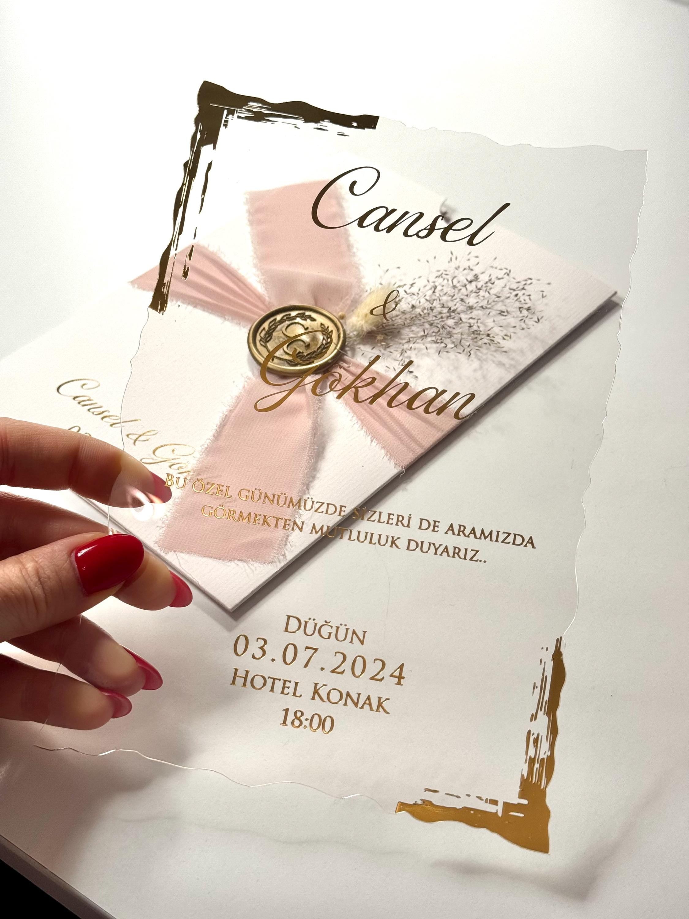 Floral Wedding Invitation with Pink Ribbon | Elegant Wedding İnvitation | Custom Romantic Invitation | Sealed Floral İnvitation