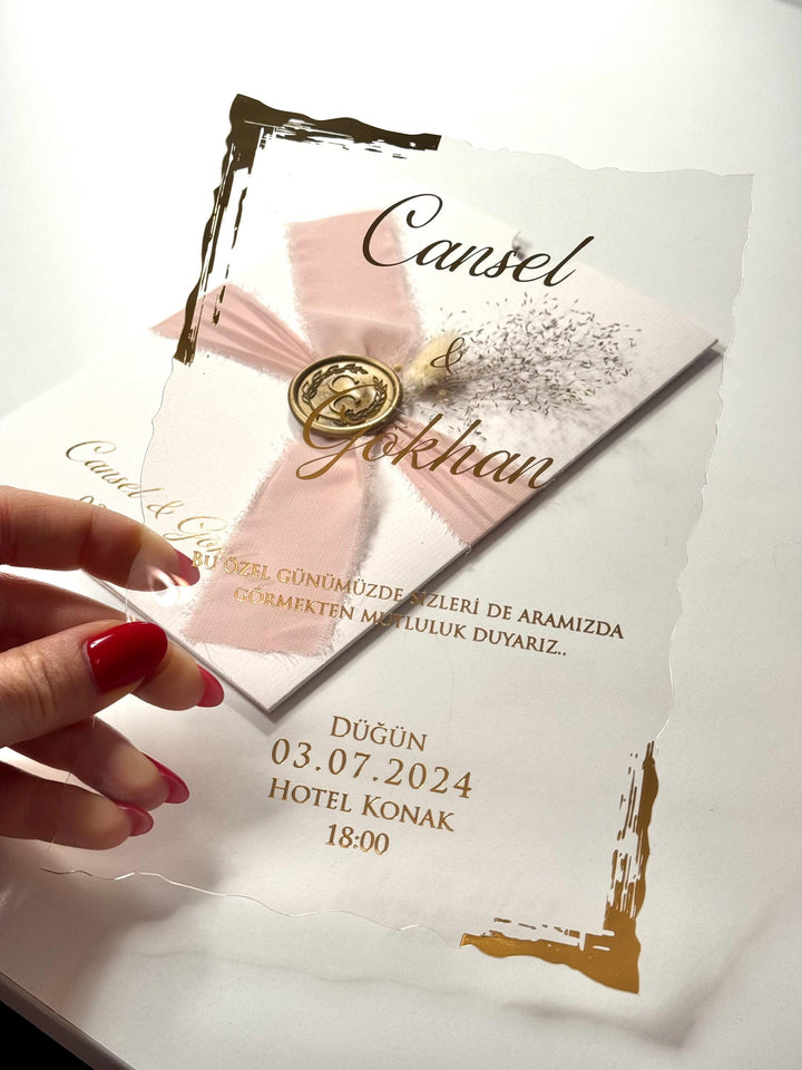 Floral Wedding Invitation with Pink Ribbon | Elegant Wedding İnvitation | Custom Romantic Invitation | Sealed Floral İnvitation