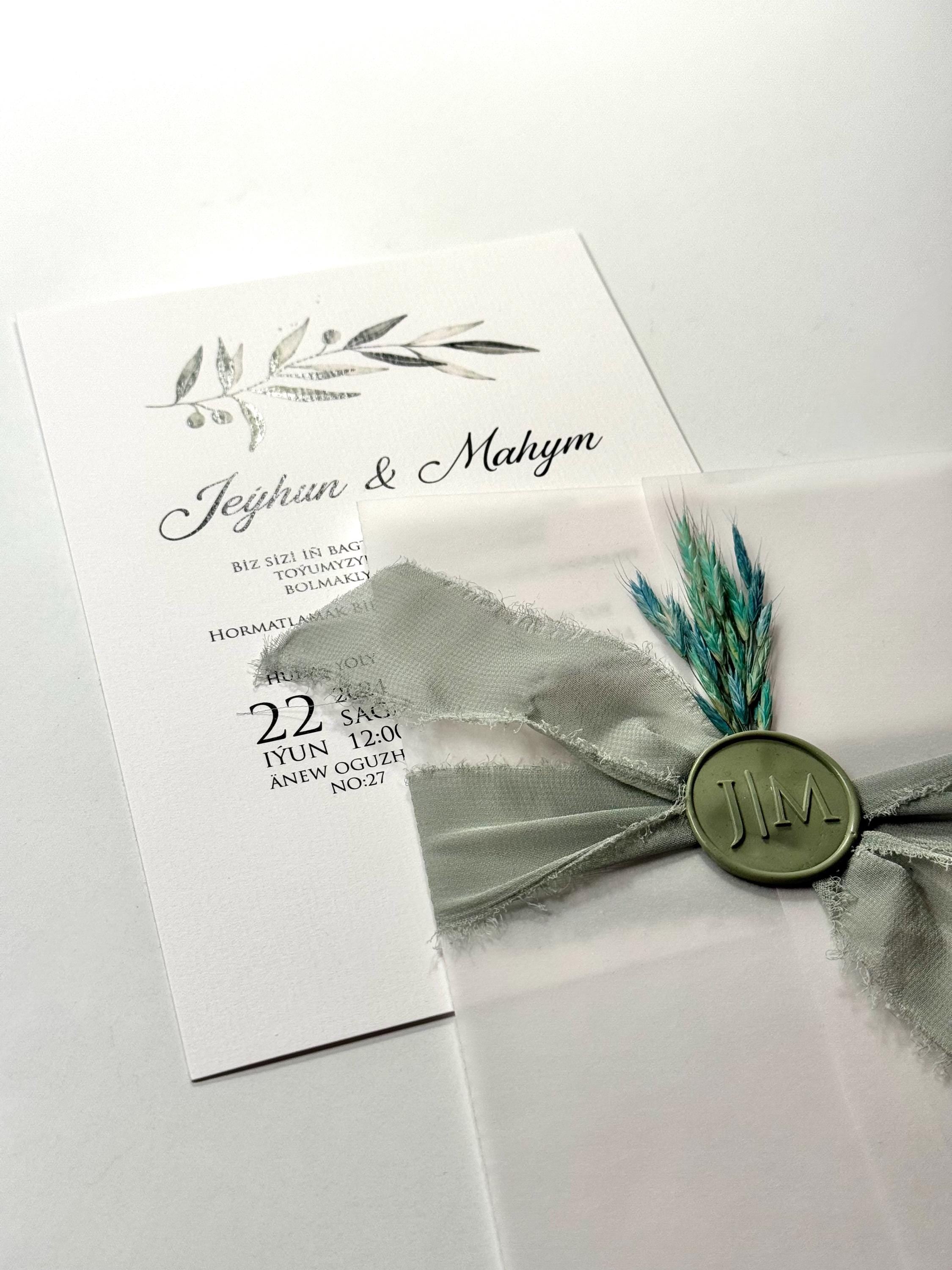 Floral Wedding Invitation with Ribbon | Kraft Card Wedding İnvitation | Rustic Elegant Invitation | Custom Wedding Card  | Sealed İnvitation