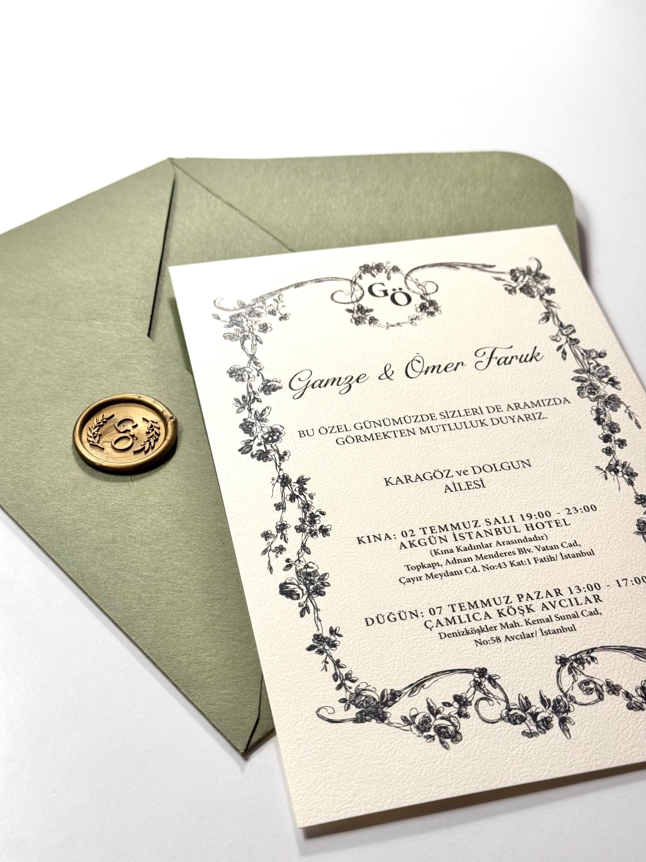 Green Sealed Wedding Invitation | Elegant Card Wedding Invite | Classic Wedding Stationery | Custom Wedding Invitation