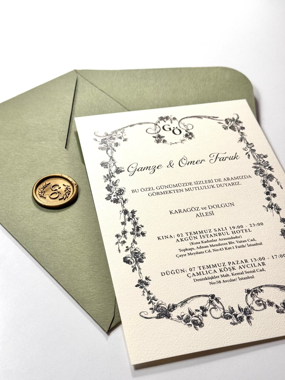 Green Sealed Wedding Invitation | Elegant Card Wedding Invite | Classic Wedding Stationery | Custom Wedding Invitation