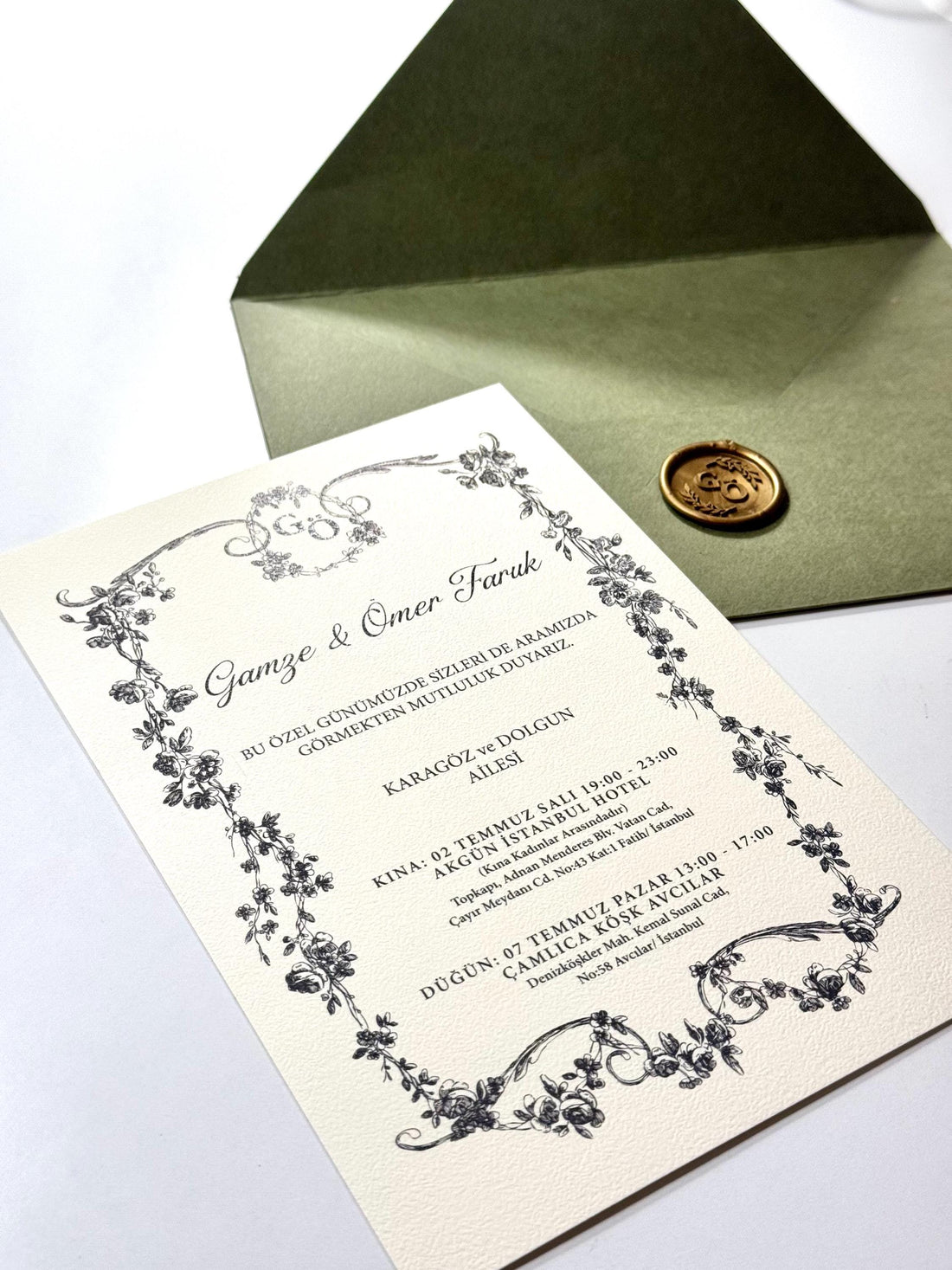 Green Sealed Wedding Invitation | Elegant Card Wedding Invite | Classic Wedding Stationery | Custom Wedding Invitation