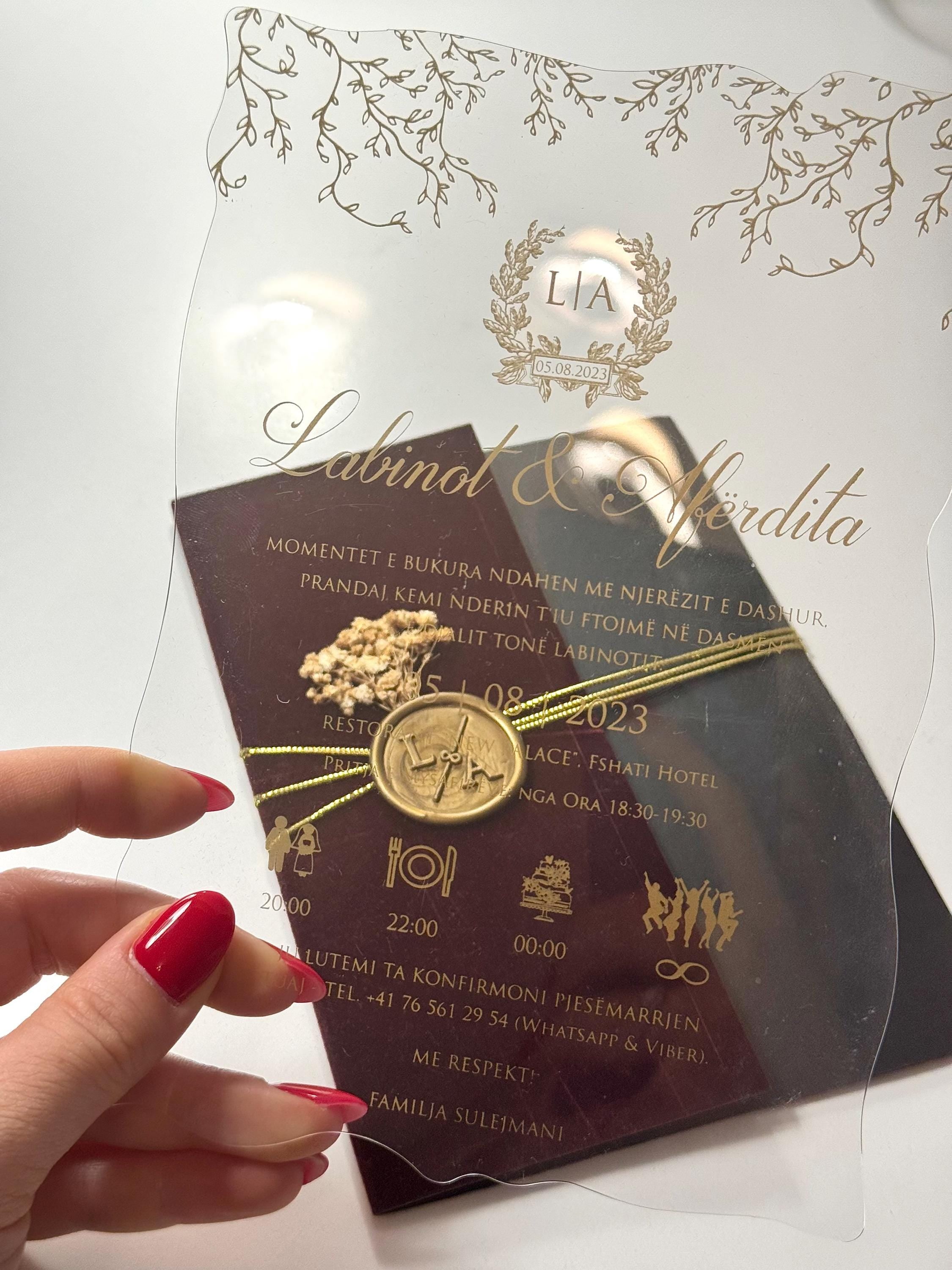 Floral Transparent Wedding Invitation with Leather Strap | Stamped Clear Invite | Elegant Wedding Card | Custom Invitation
