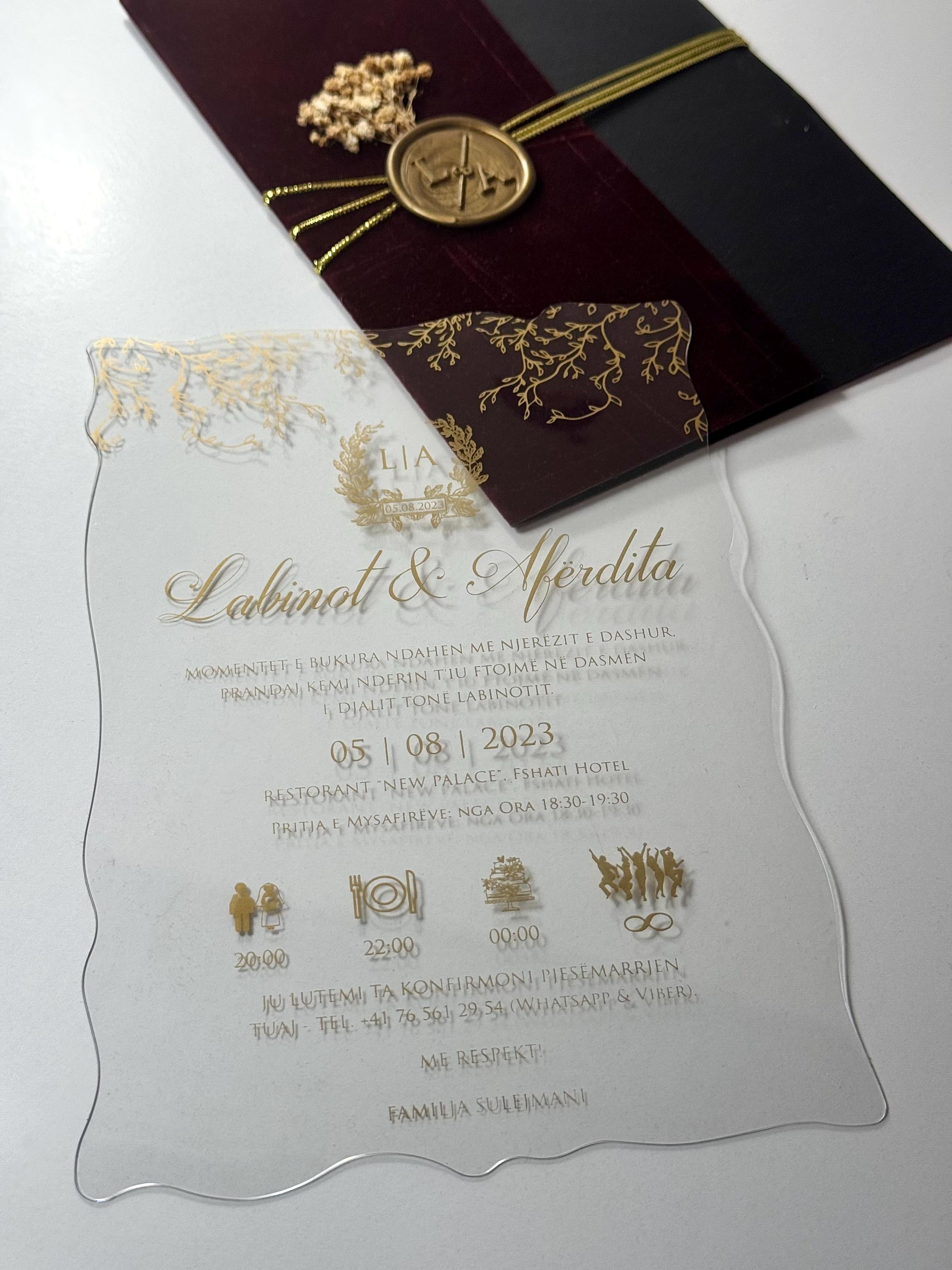 Floral Transparent Wedding Invitation with Leather Strap | Stamped Clear Invite | Elegant Wedding Card | Custom Invitation