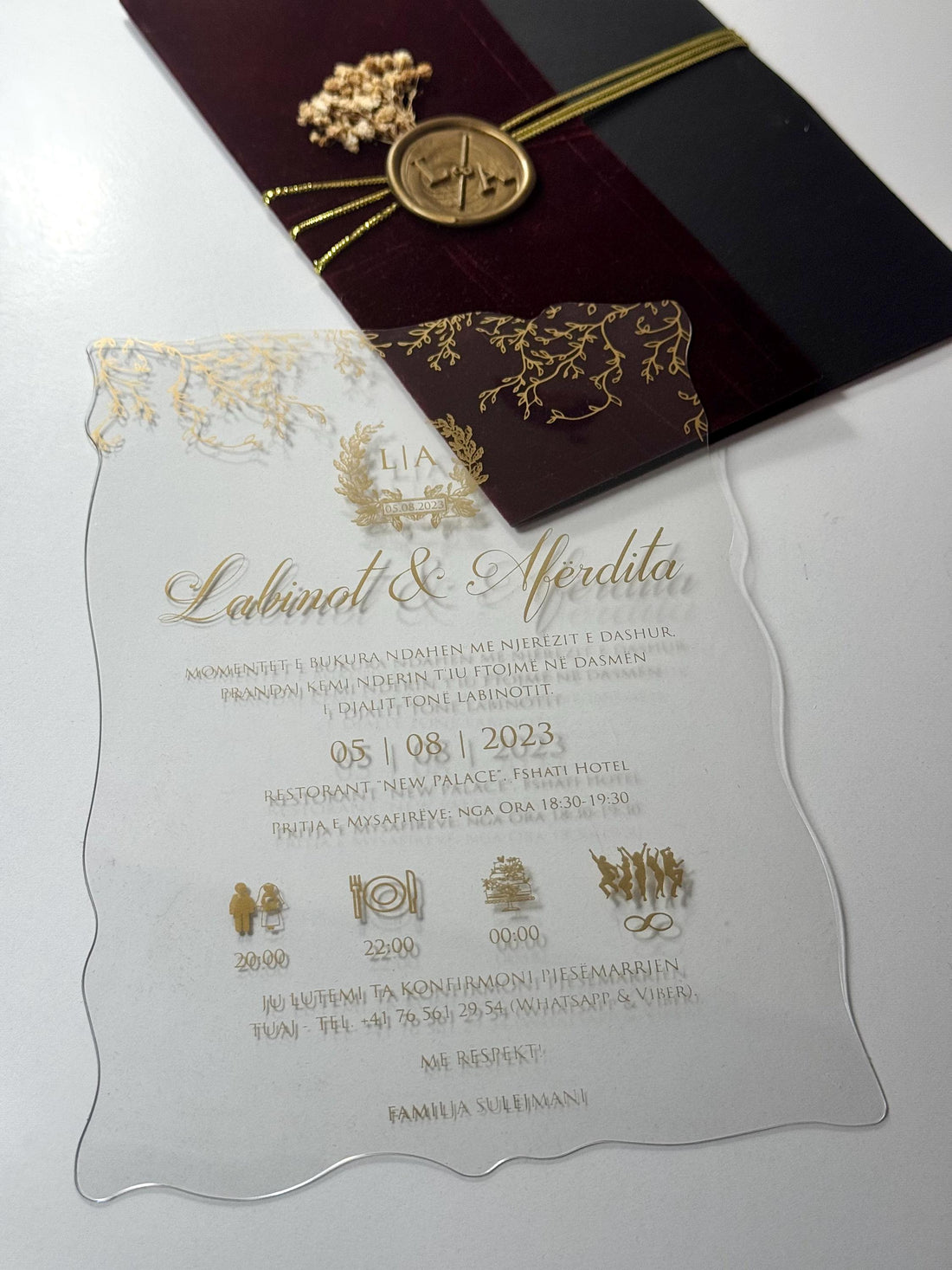 Floral Transparent Wedding Invitation with Leather Strap | Stamped Clear Invite | Elegant Wedding Card | Custom Invitation