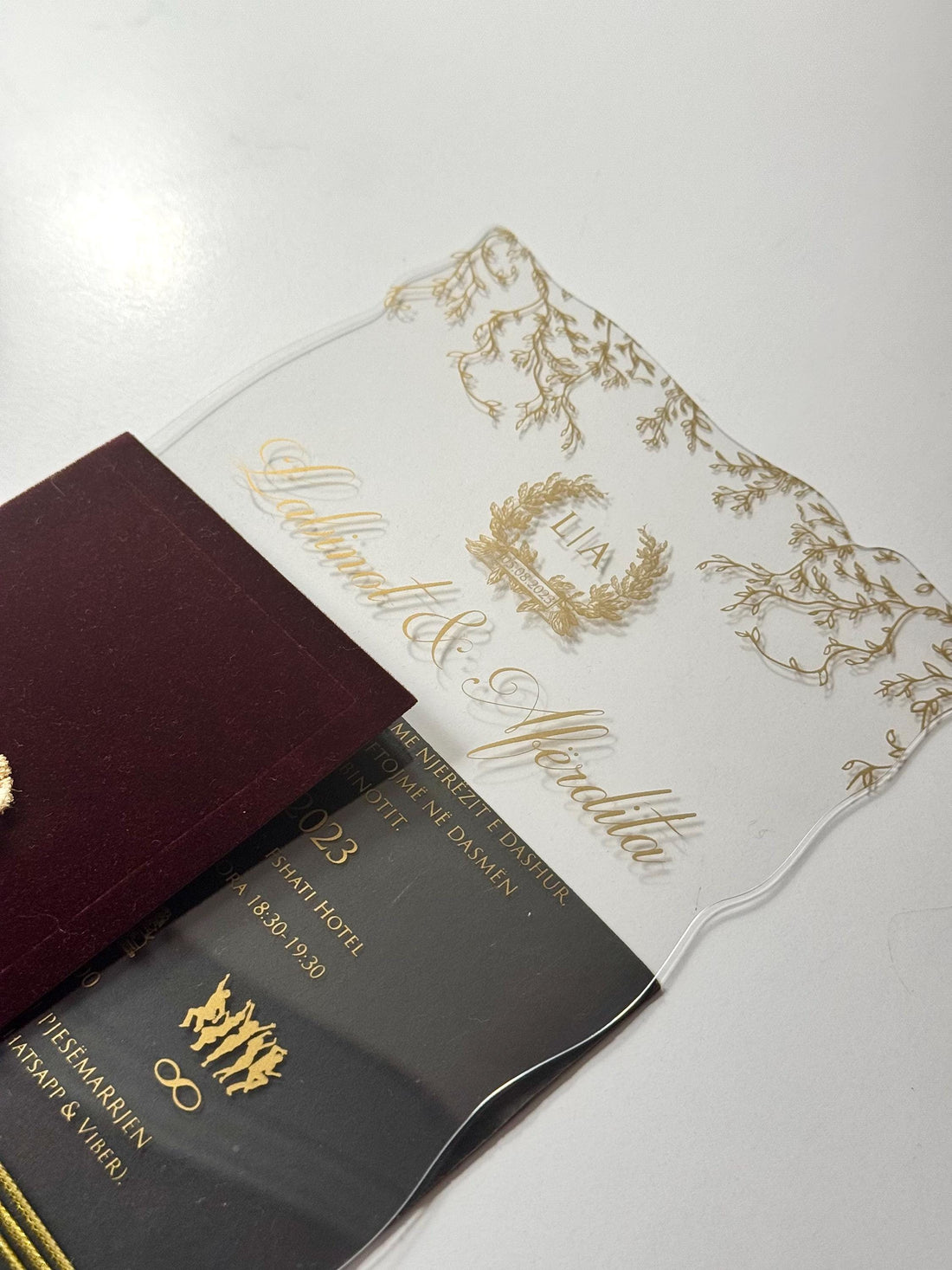 Floral Transparent Wedding Invitation with Leather Strap | Stamped Clear Invite | Elegant Wedding Card | Custom Invitation