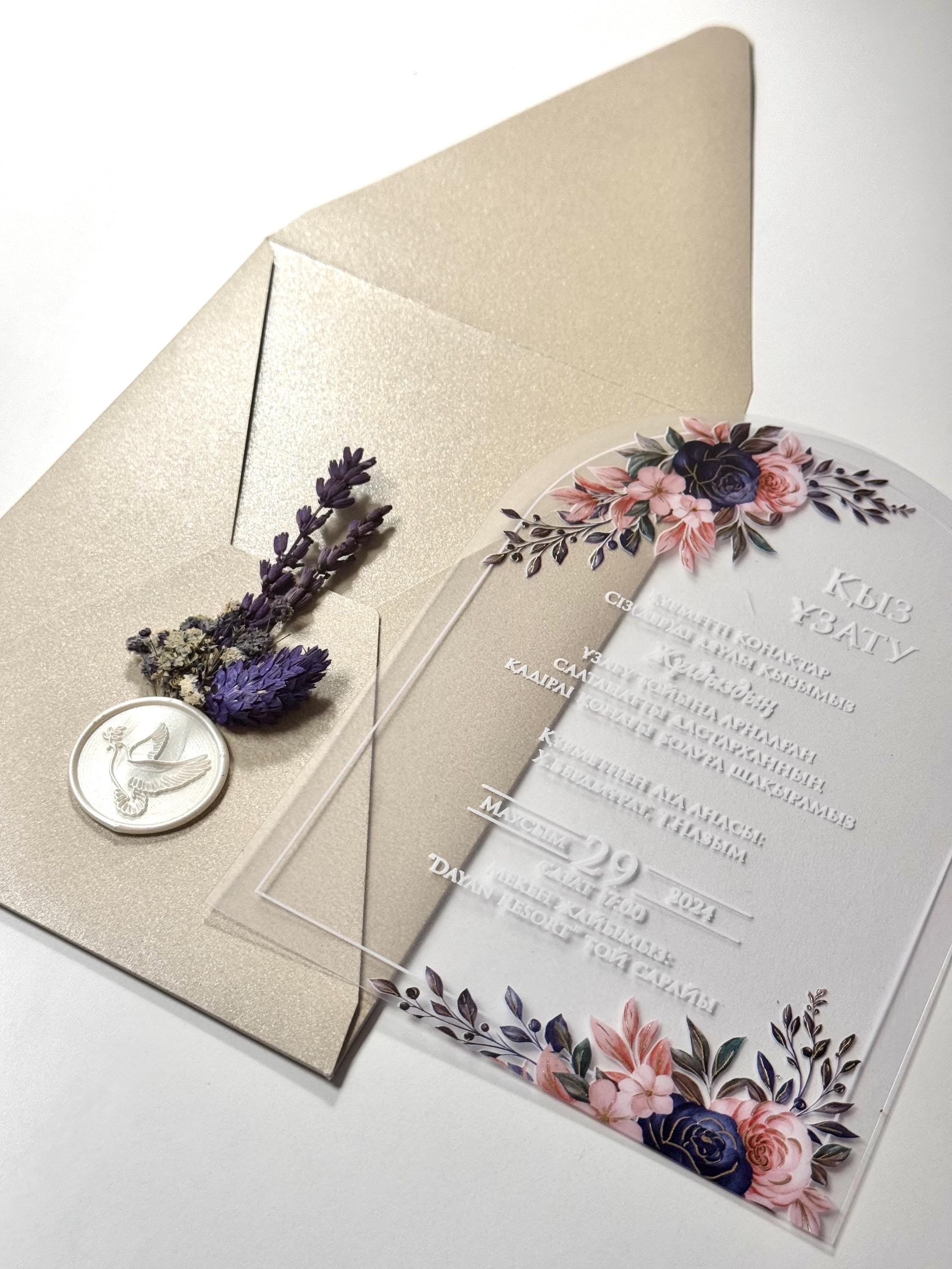 Glossy Transparent Wedding Invitation | White Floral Clear Invite with Stamp | Elegant Wedding Card | Custom Invitation