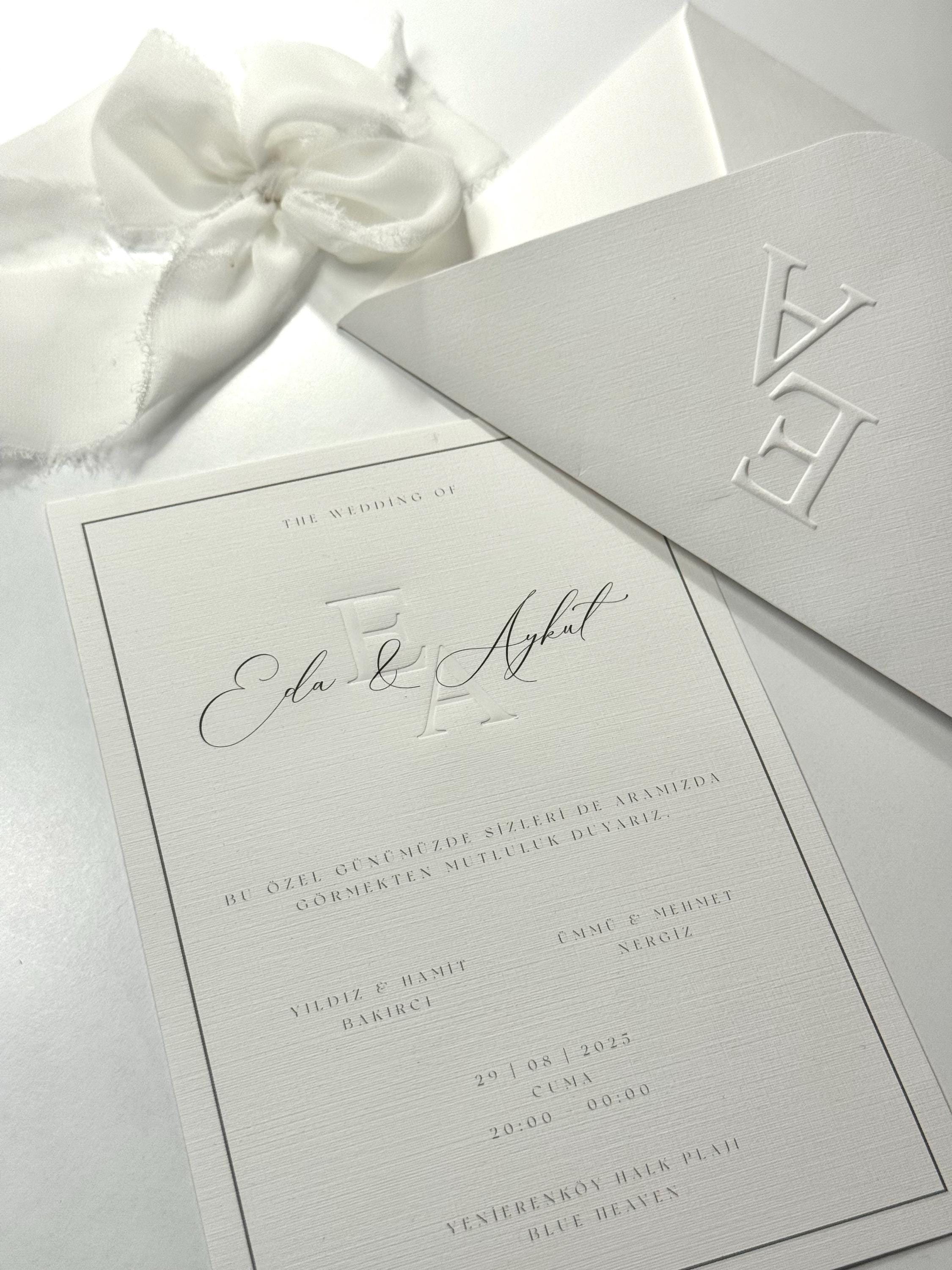 All White Wedding Invitation with Ribbon | Elegant White Wedding Card | Minimal Custom Invitation Set