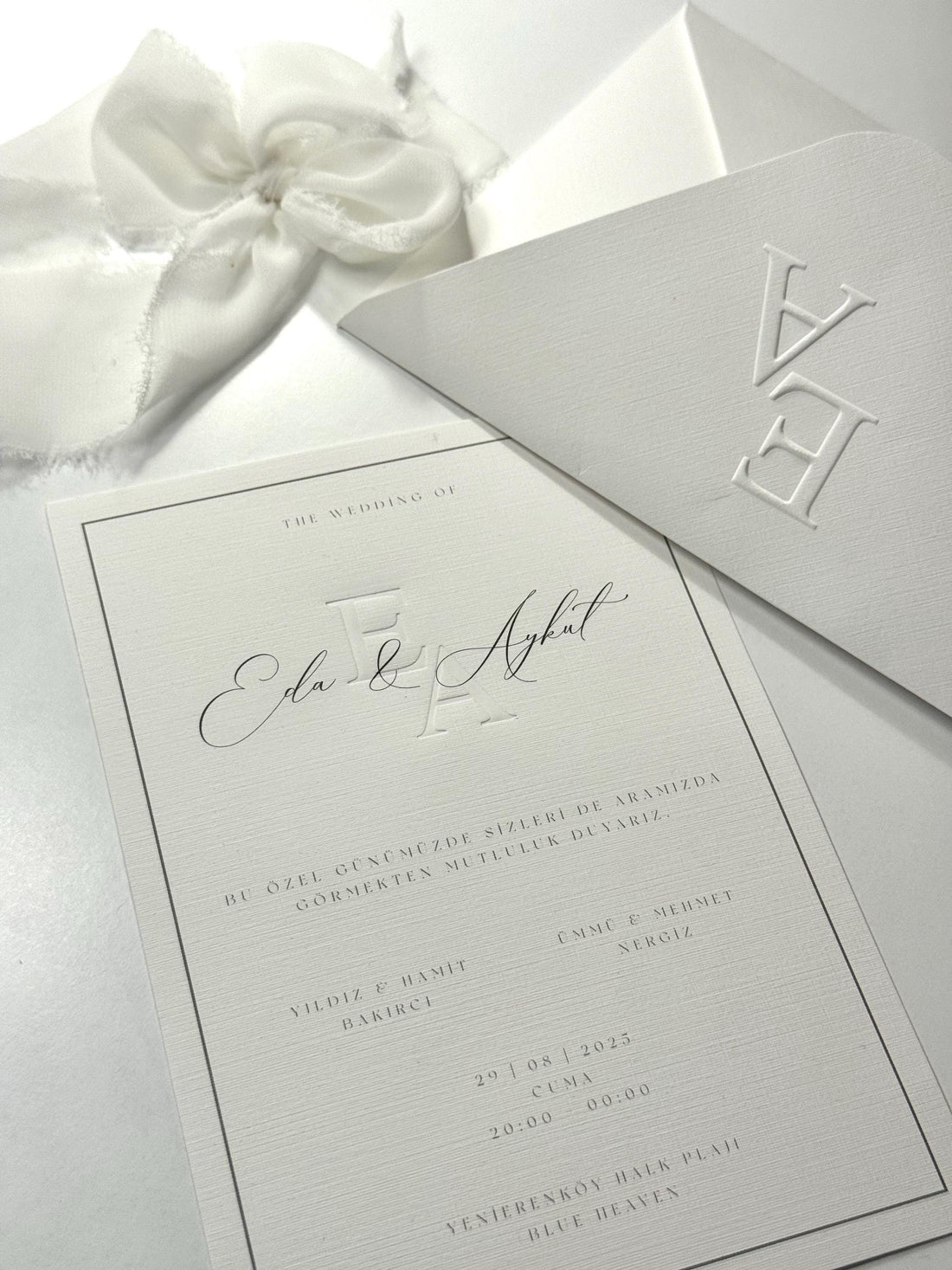 All White Wedding Invitation with Ribbon | Elegant White Wedding Card | Minimal Custom Invitation Set