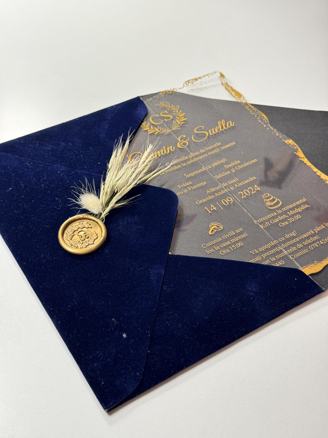 Floral Leather Wedding Invitation with Stamp | Elegant Faux Leather Invitation | Unique Custom Wedding Invitation