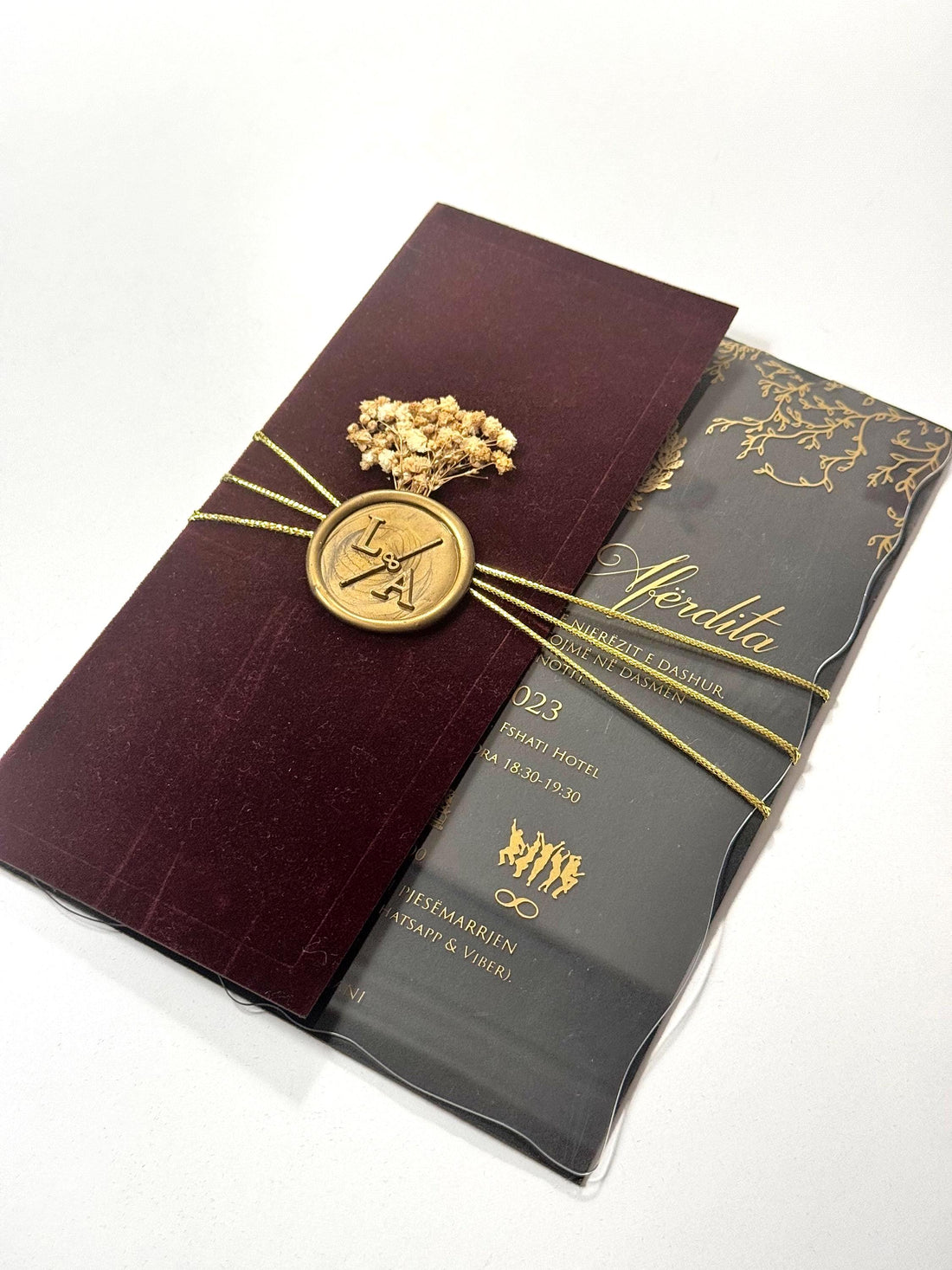 Floral Transparent Wedding Invitation with Leather Strap | Stamped Clear Invite | Elegant Wedding Card | Custom Invitation