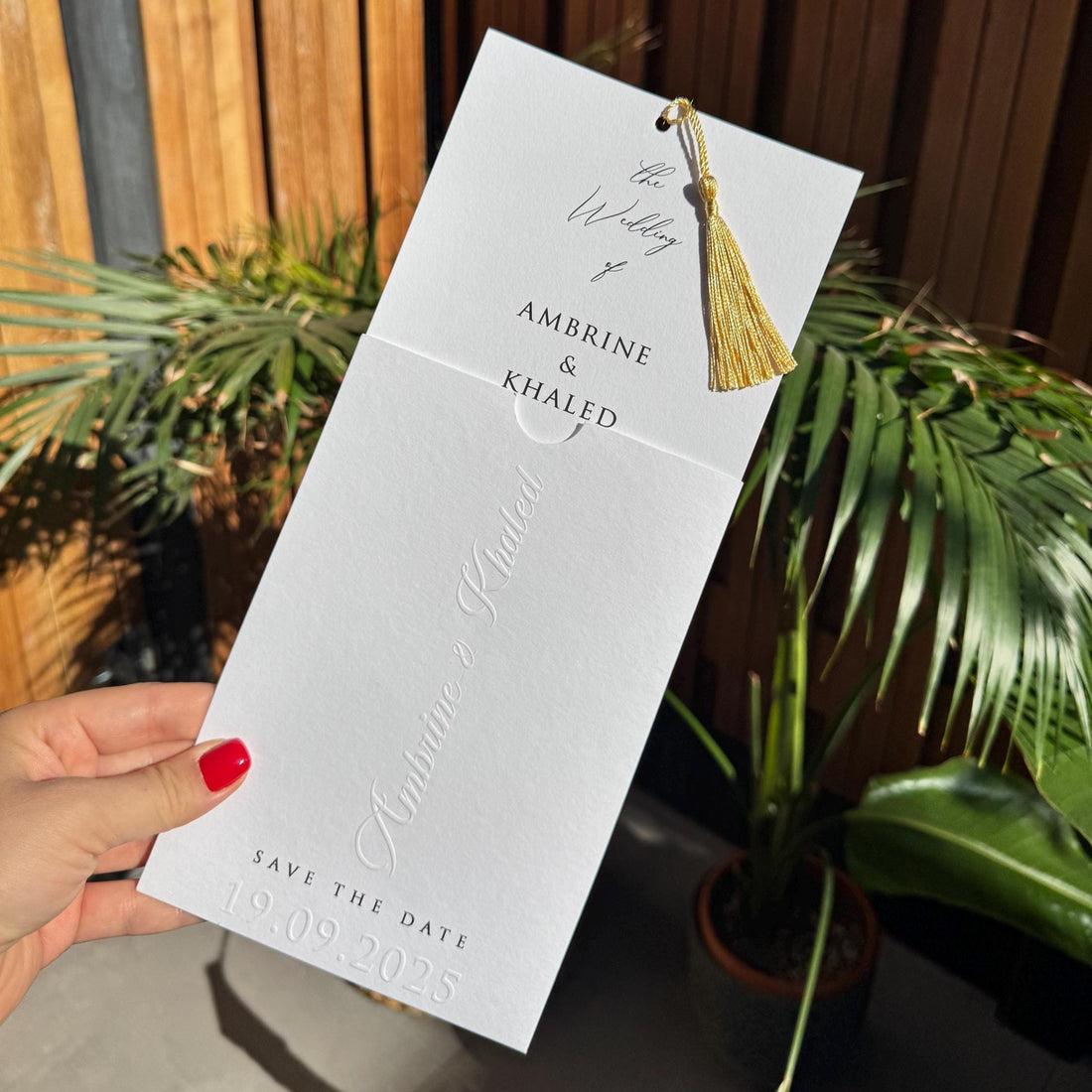 White Tassel Embossed Elegant Minimal Wedding Invitation