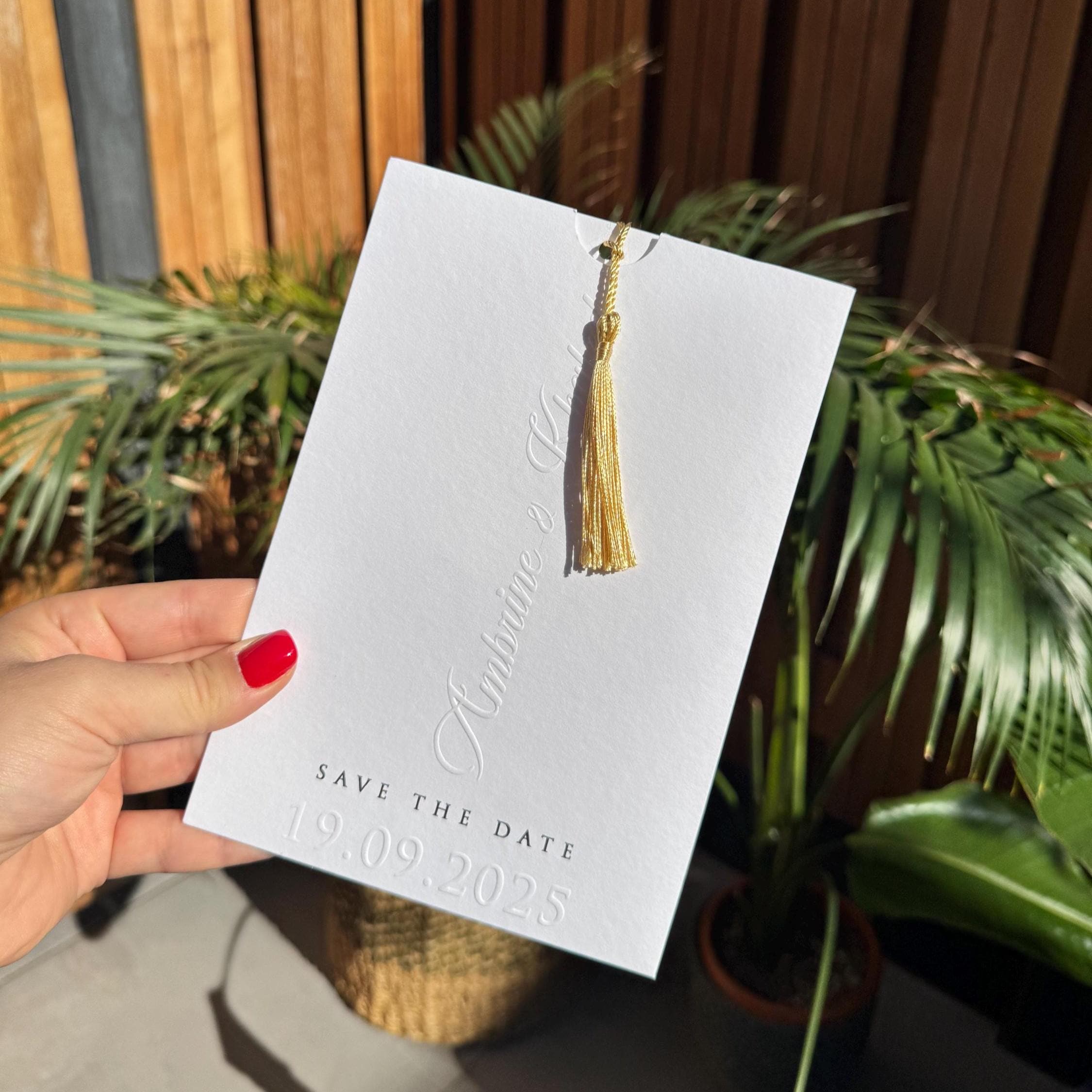 White Tassel Embossed Elegant Minimal Wedding Invitation