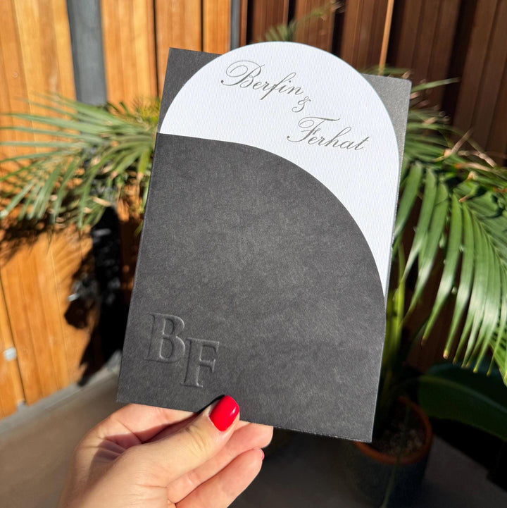 Black Embossed Envelope and White Classic Wedding Invitation
