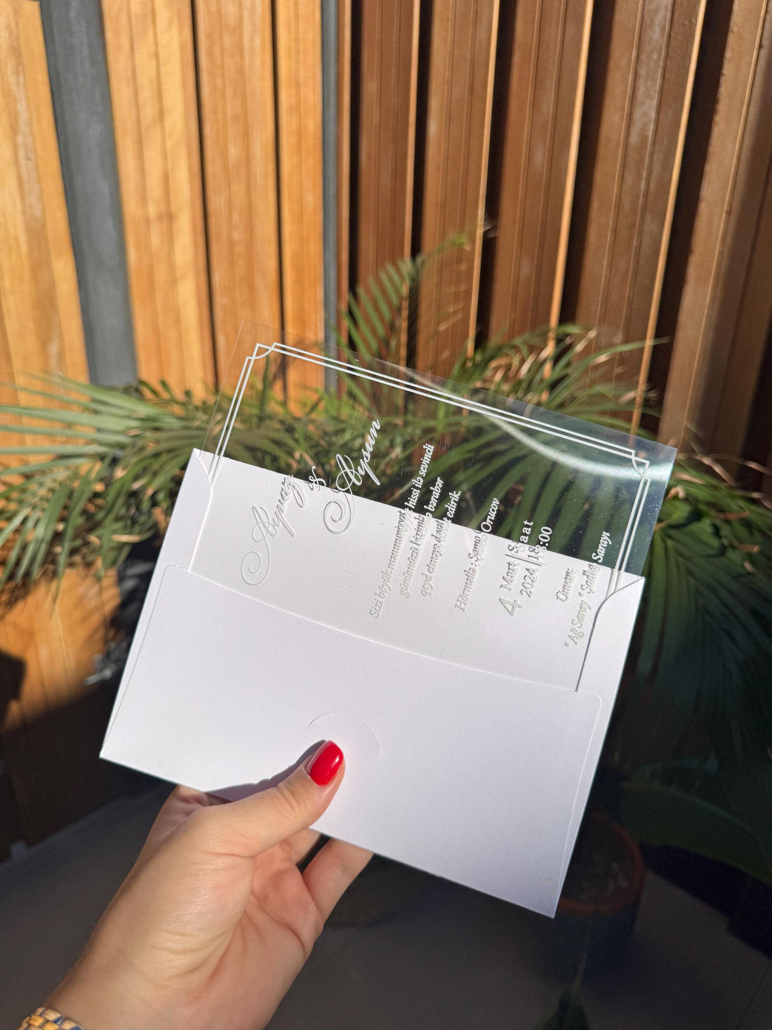 Transparent Modern Wedding Invitation With White Embossed Text
