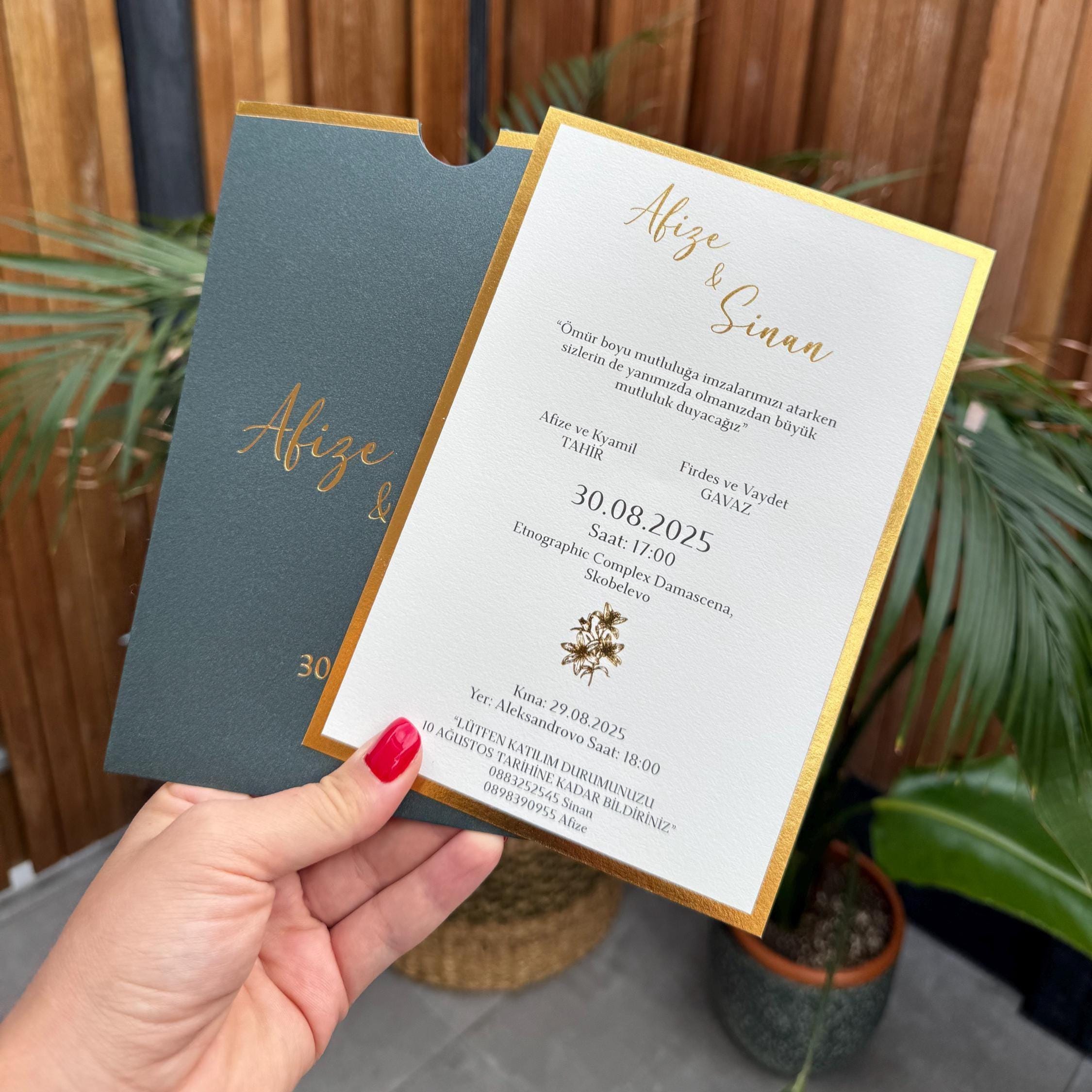 Dark Green Gold Corner Modern Wedding Invitation