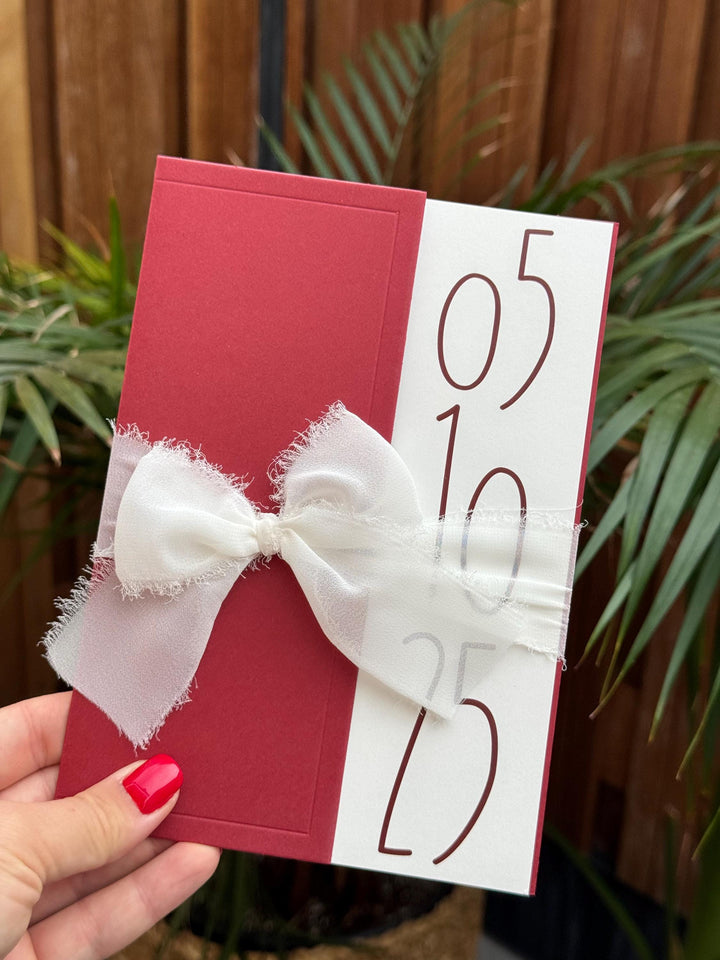 Red Wedding Invitation With White Ribbon Elegant Design