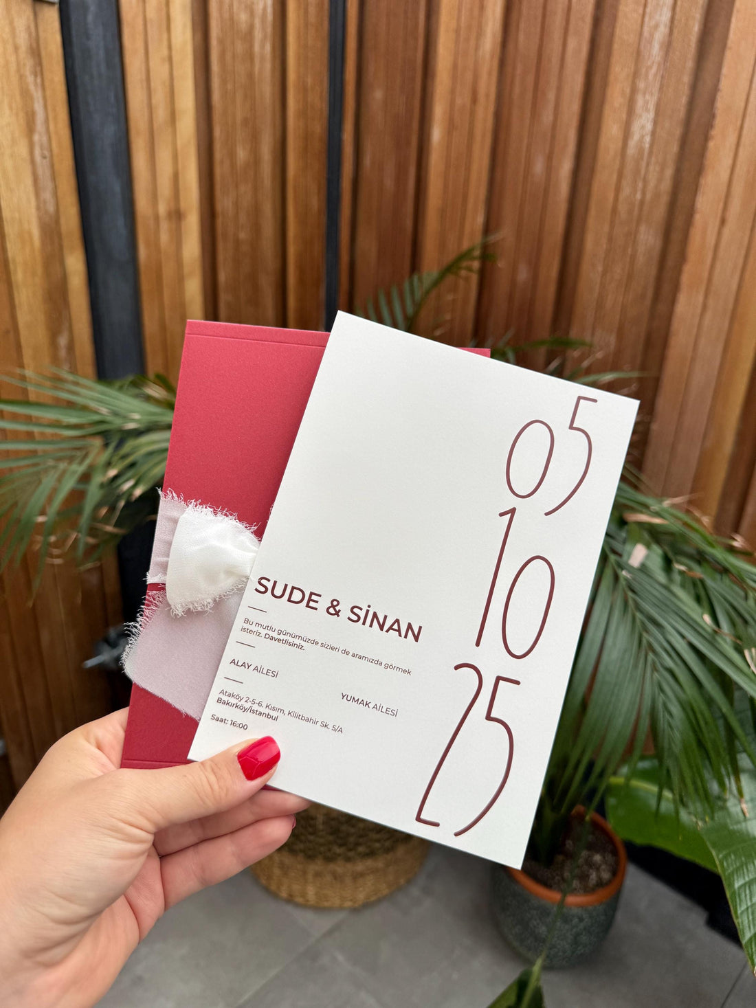 Red Wedding Invitation With White Ribbon Elegant Design