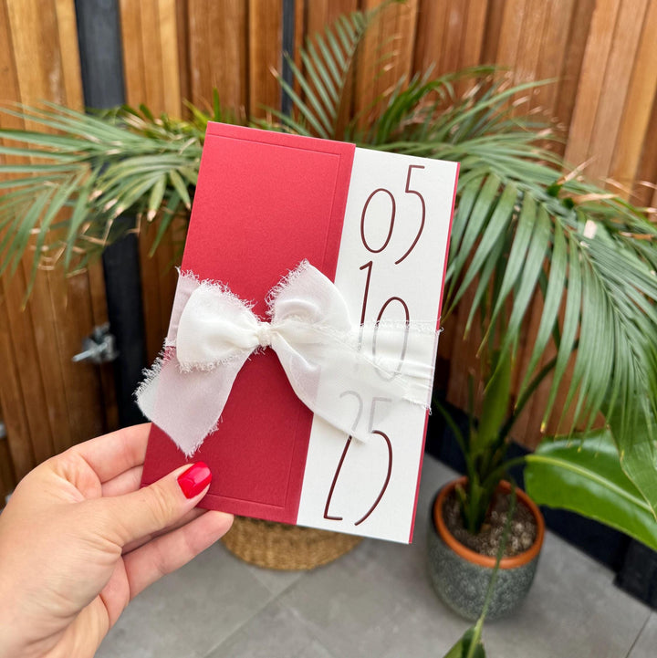 Red Wedding Invitation With White Ribbon Elegant Design