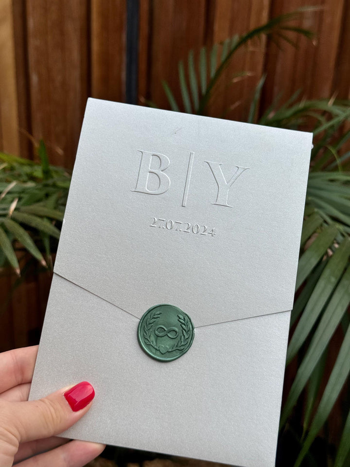 Grey Modern Wedding Invitation With Blue Wax Seal