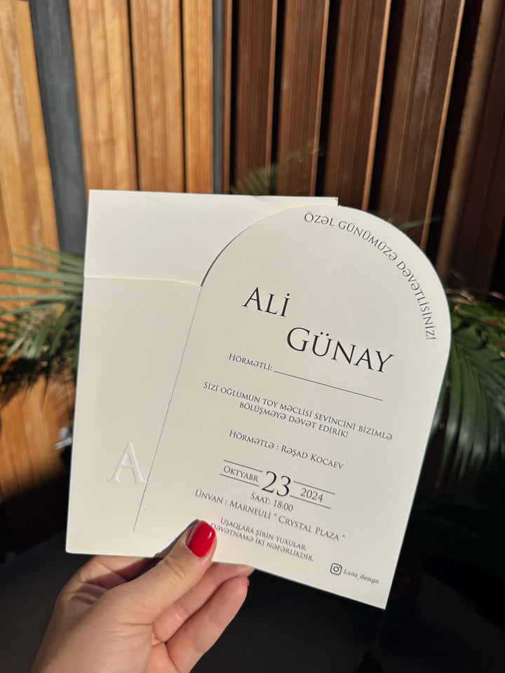 White Classic Initial Embossed Modern Wedding Invitation